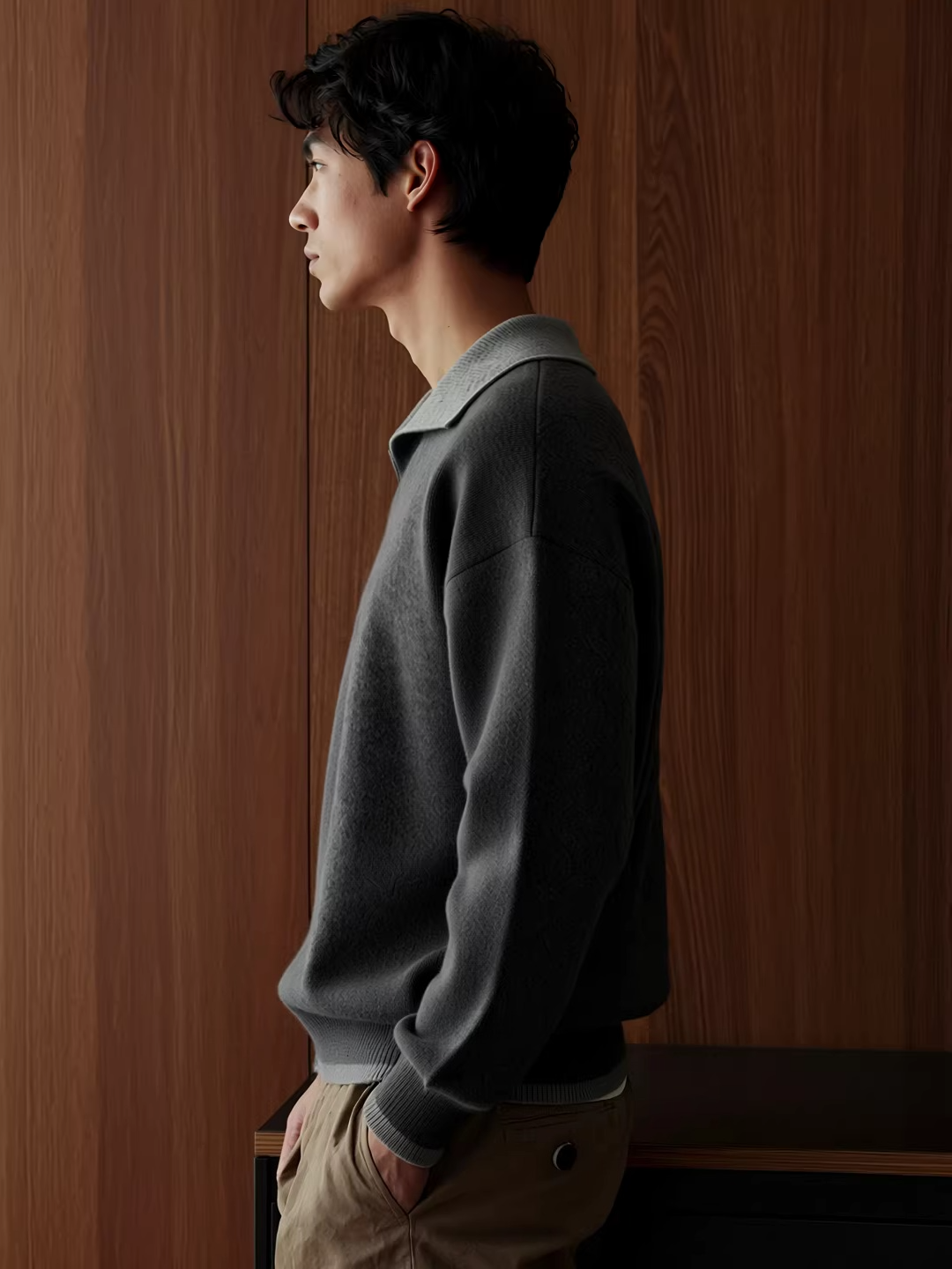 Contrasting color lapel knitted sweater men's long-sleeved loose sweater casual top I WY068