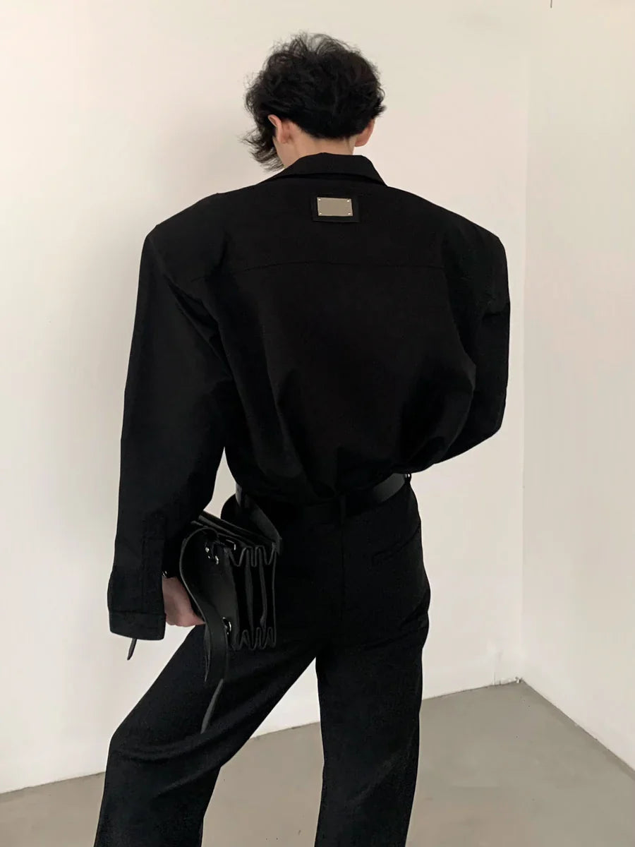 BLACK SHOULDER PADS METAL PUNK SHIRT sinclub6885