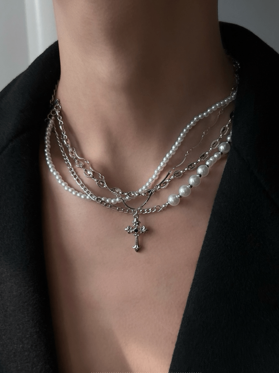 [CHEALIMPID] California Cross Multi-Layer Pearl Necklace st1936
