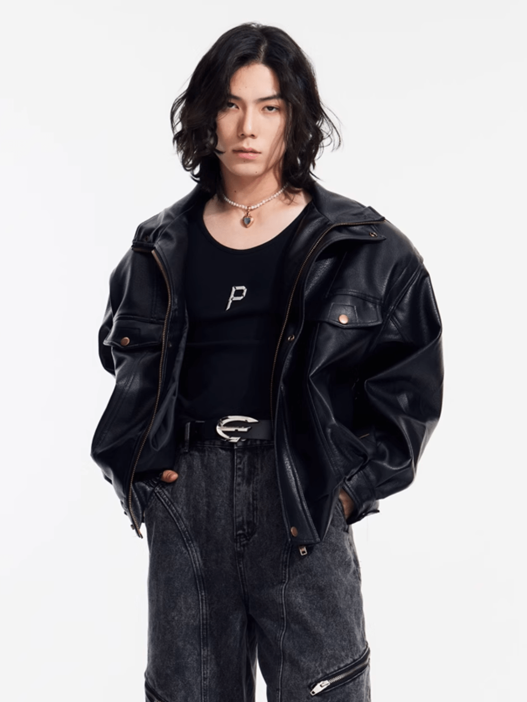 [PeopleStyle] Genderless wear silhouette fashionable leather jacket st1789