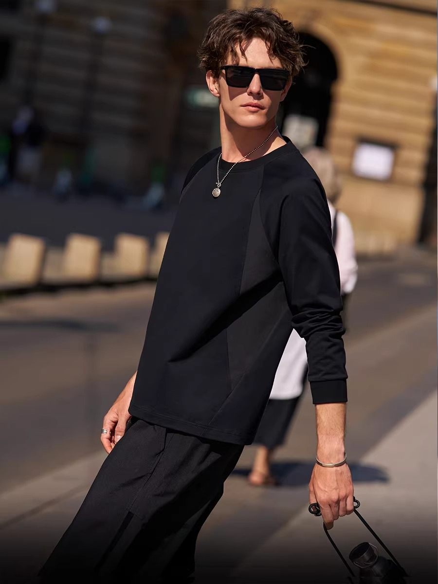 Long Sleeve Crew Neck Men's T-Shirt Ragged Sleeve Black Material Sports Wind  WY029