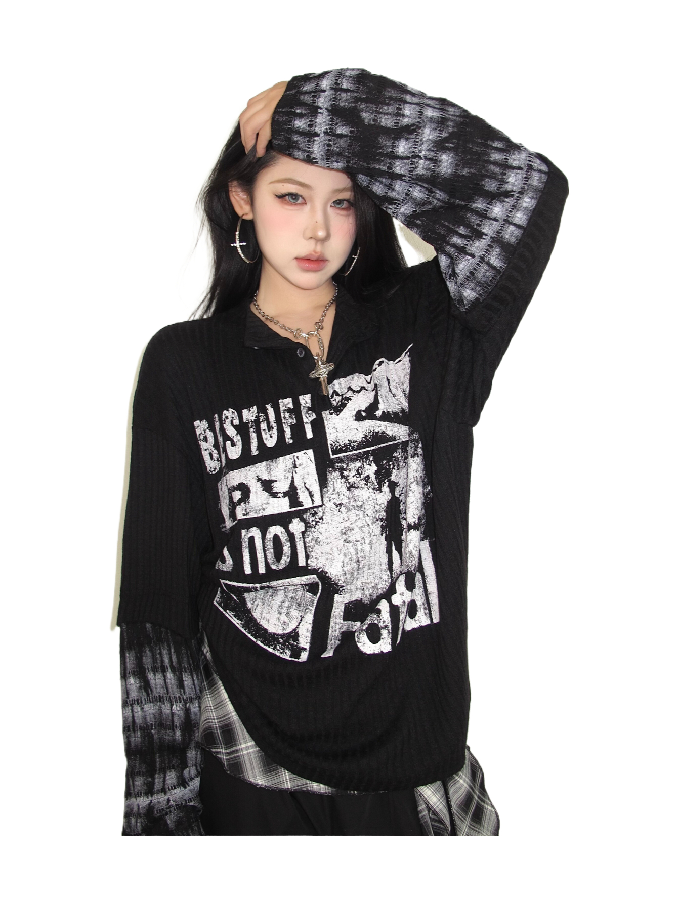 American graffiti design faux two-piece knit t-shirt long sleeve women's  XX1