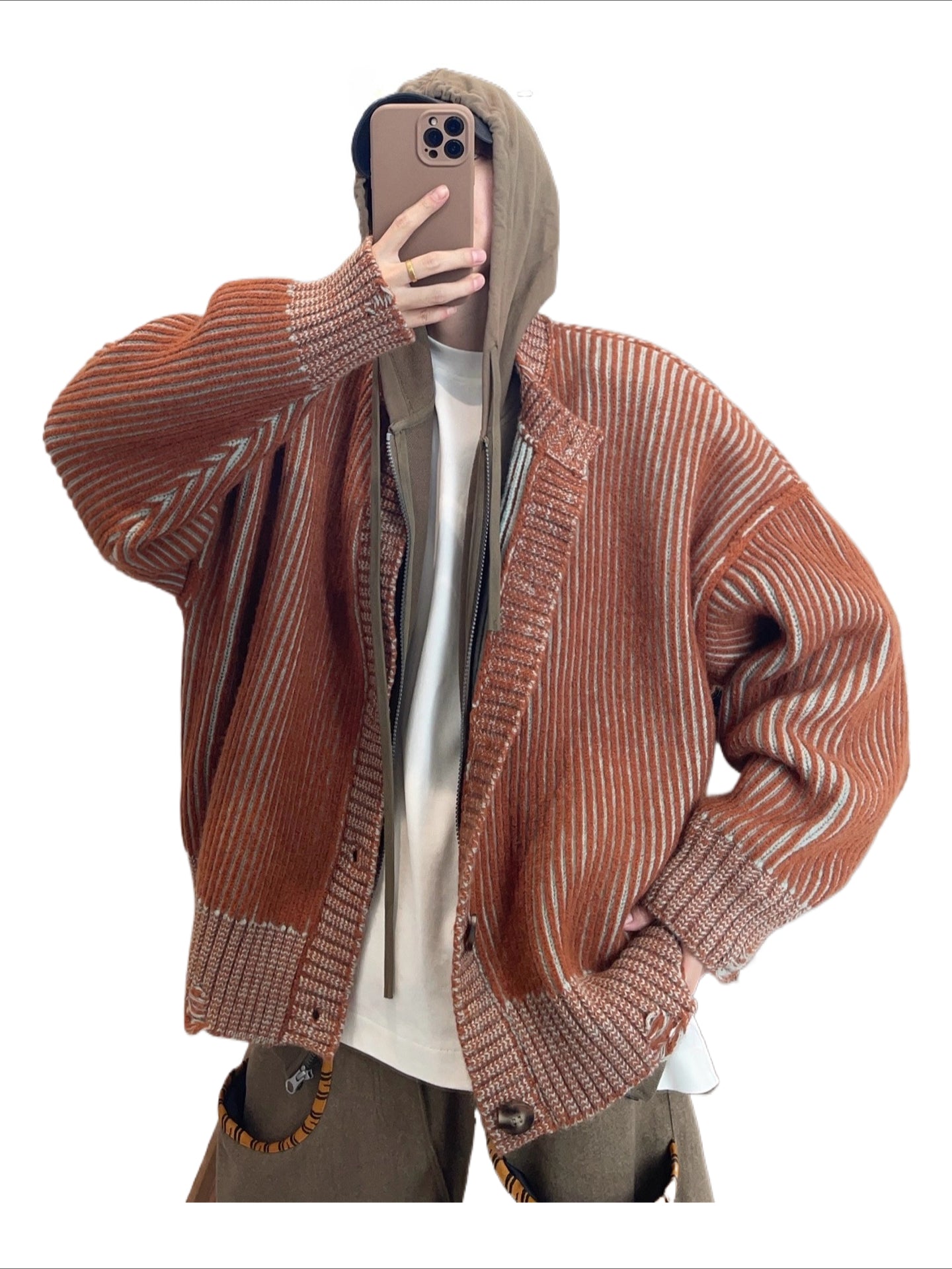 Vintage Heavy Thickened Orange Vertical Striped Sweater Jacket SIN0809