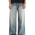Retro blue distressed jeans men's casualcleanfit spring loosestraight-leg wide-leg pants pants