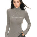 American retro slim-fit mock neck rhinestone long sleeve t-shirt for women　　WY007