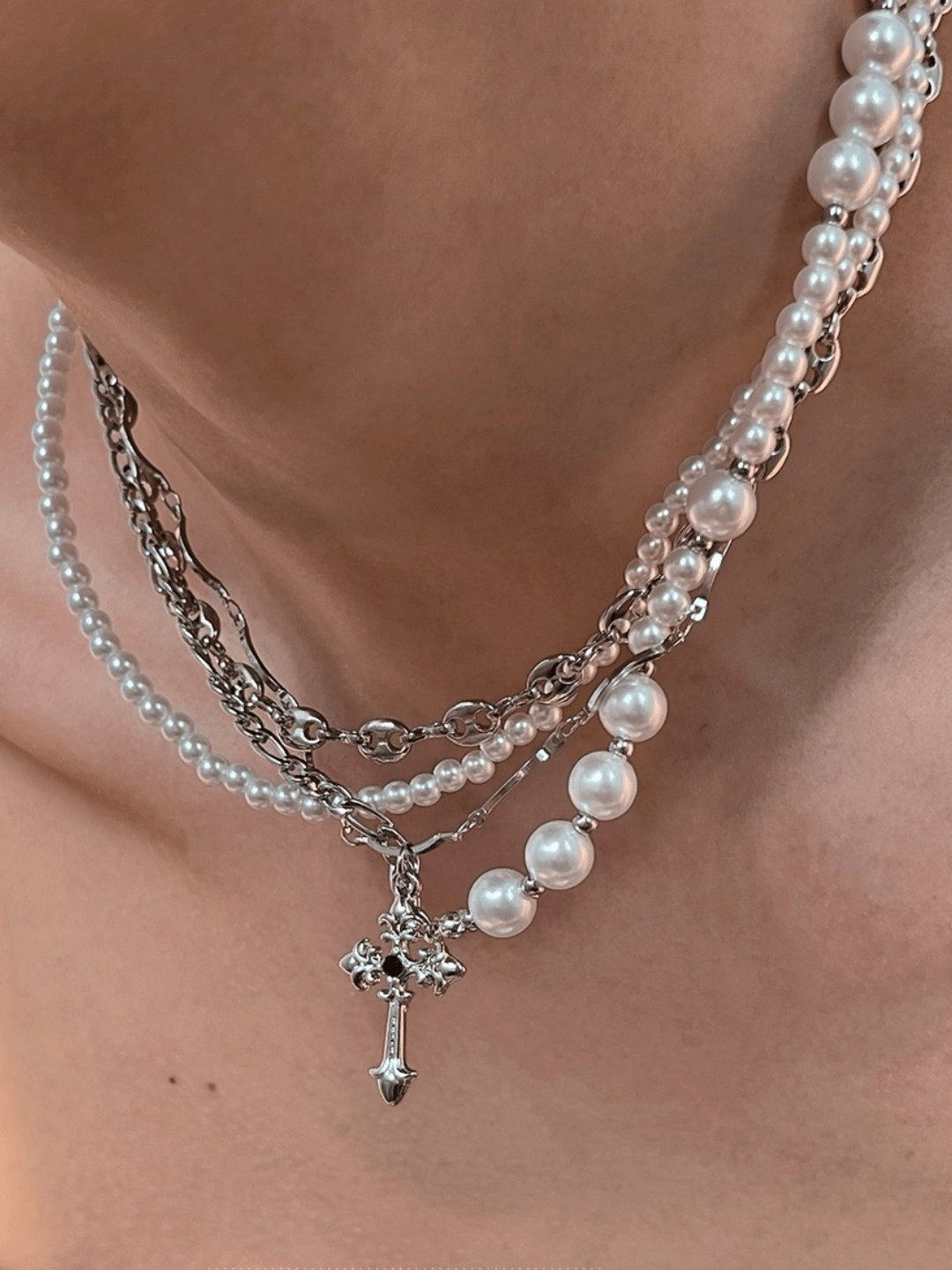 [CHEALIMPID] California Cross Multi-Layer Pearl Necklace st1936
