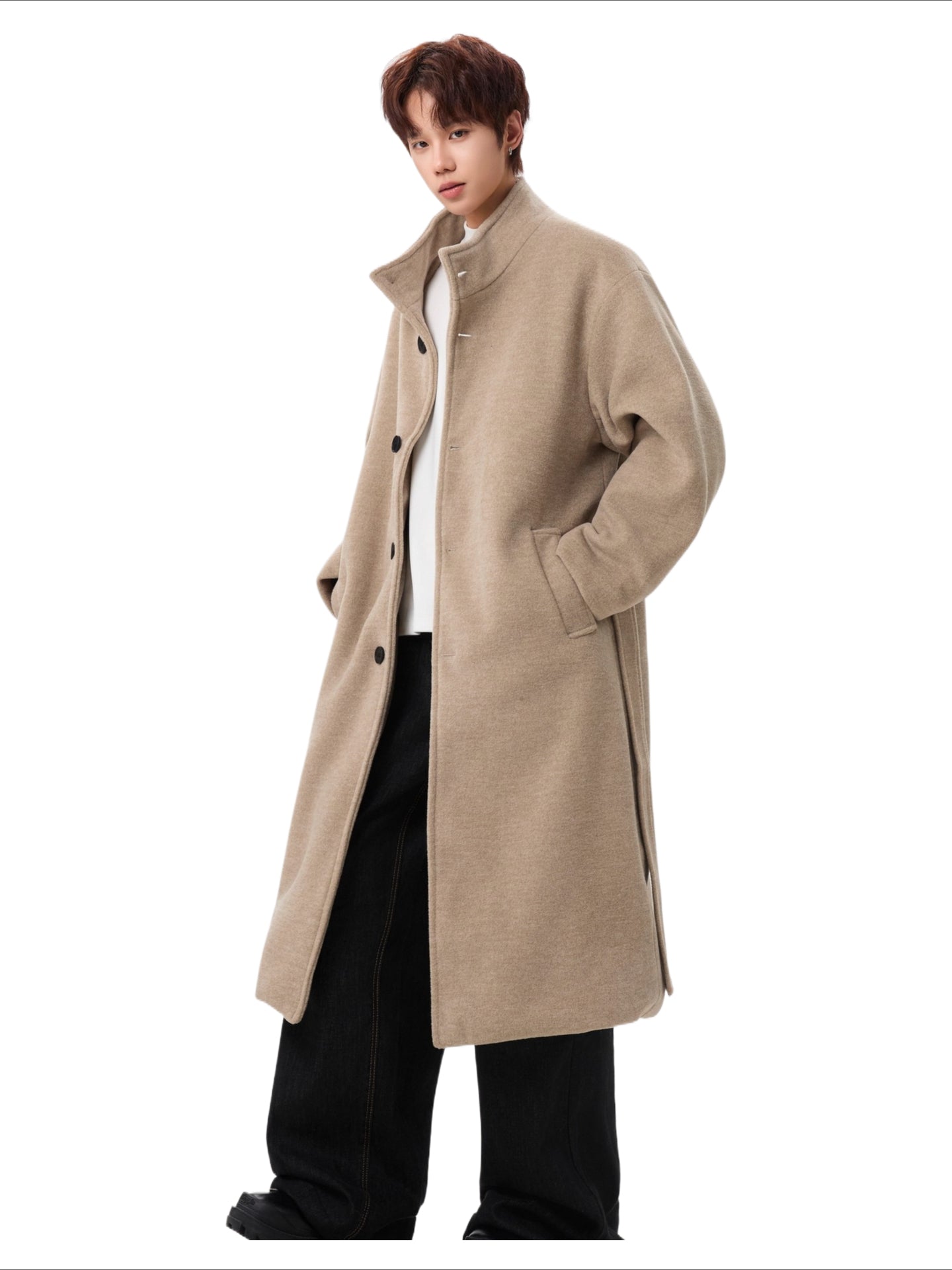 Retro medium and long heavy stand-up collar woolen coat for men and women, autumn and winter high-end couple's knee coat