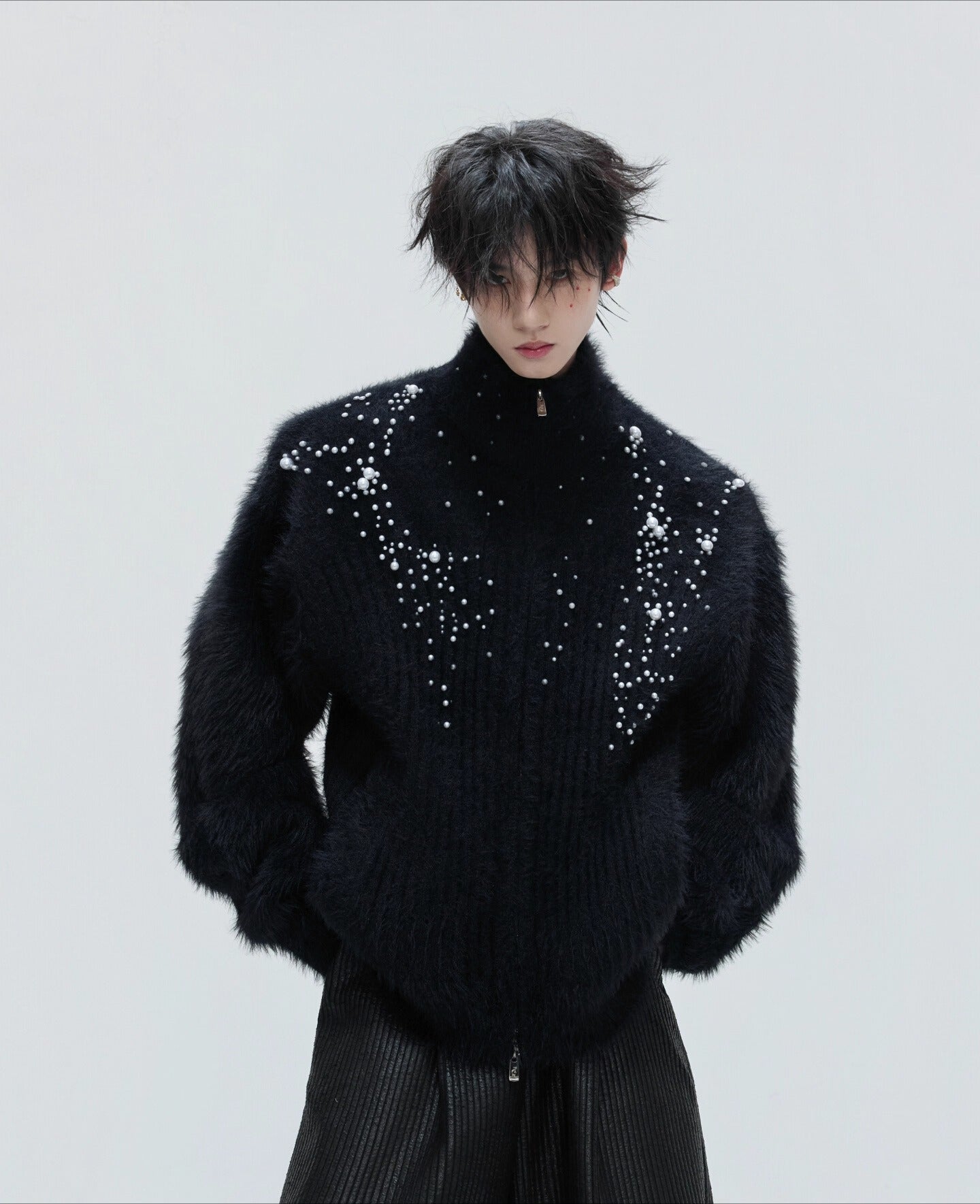 Turtleneck plush pearl embellished sweater cardigan extravagant thickened knitted sweater