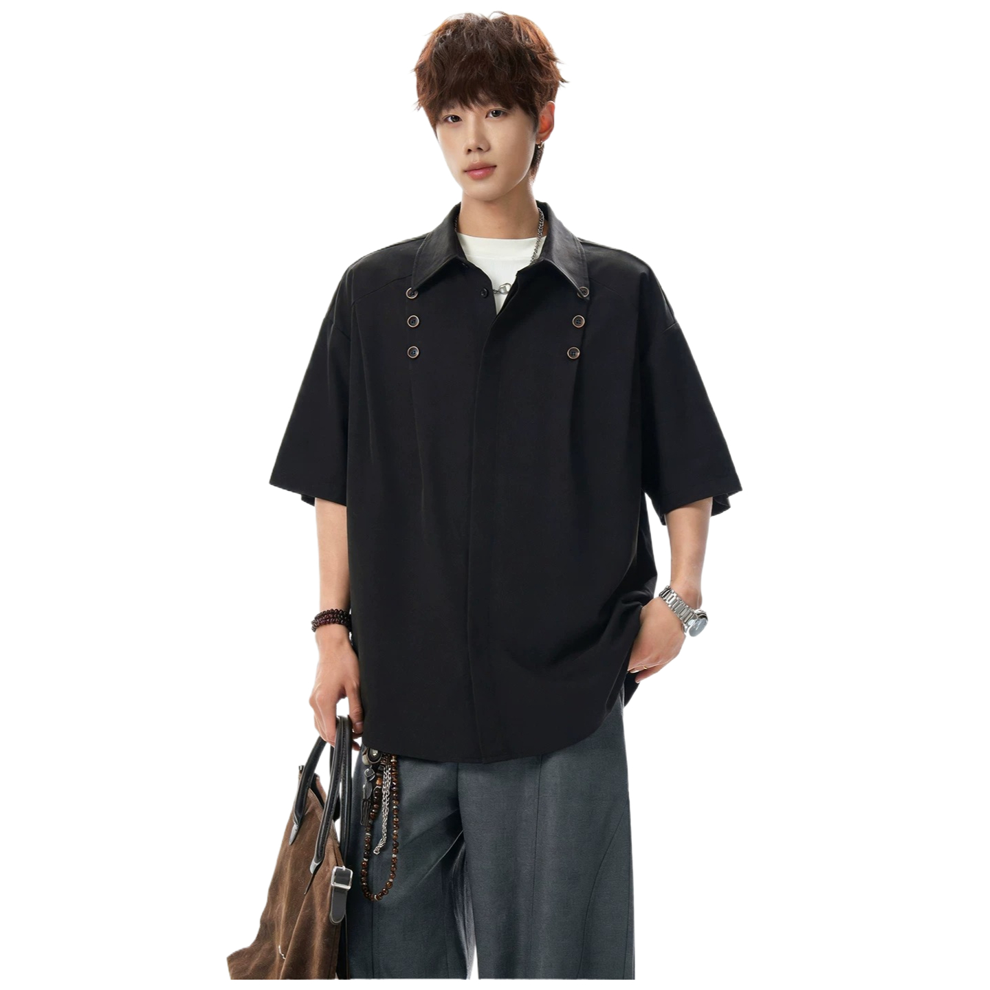 American style trendy brand workwear shirt short sleeve t-shirt men's summer new deconstructed loose top sinclub6106