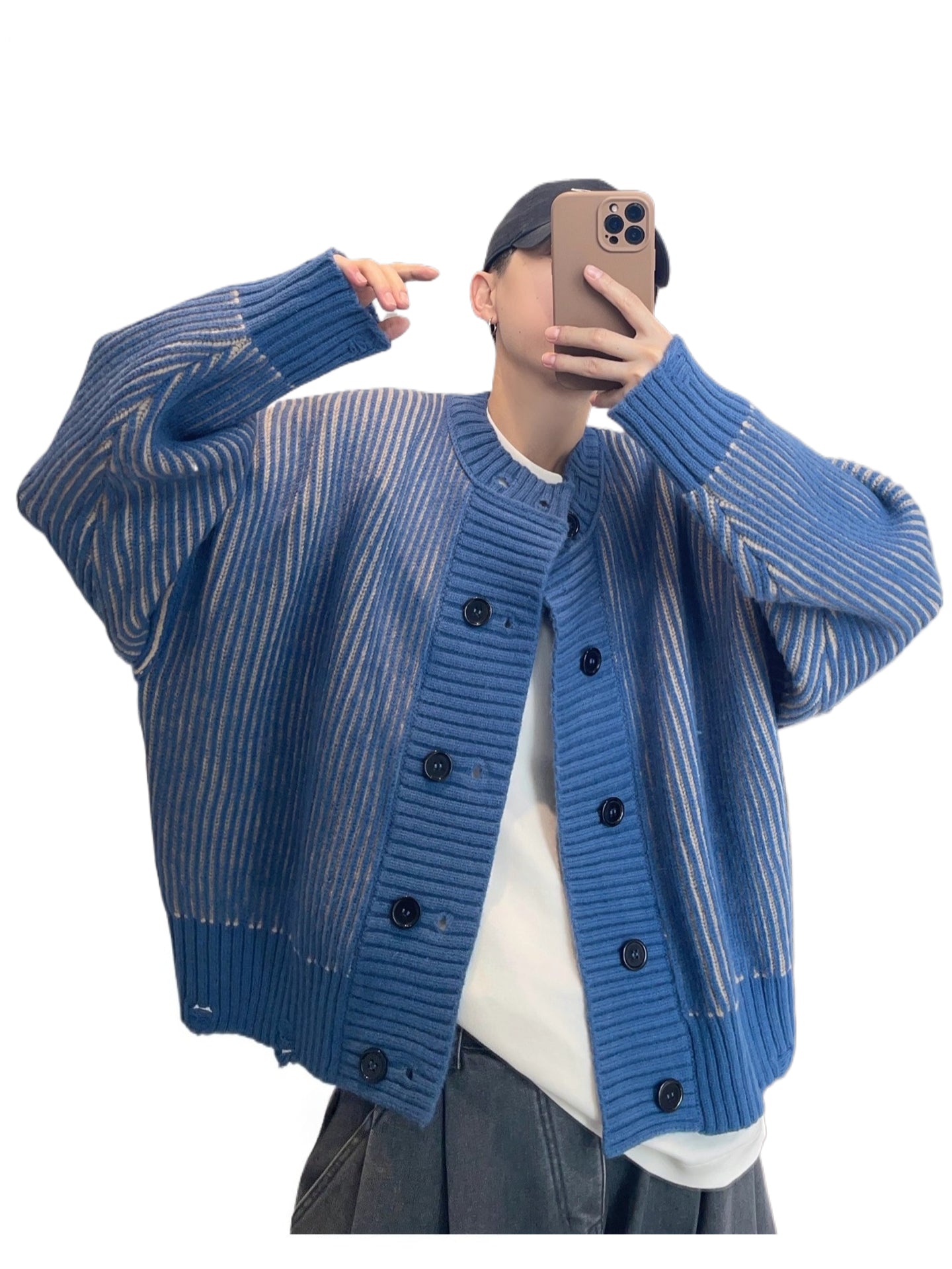 Vintage lazy heavy thick striped double-breasted warm sweater outer SIN0807