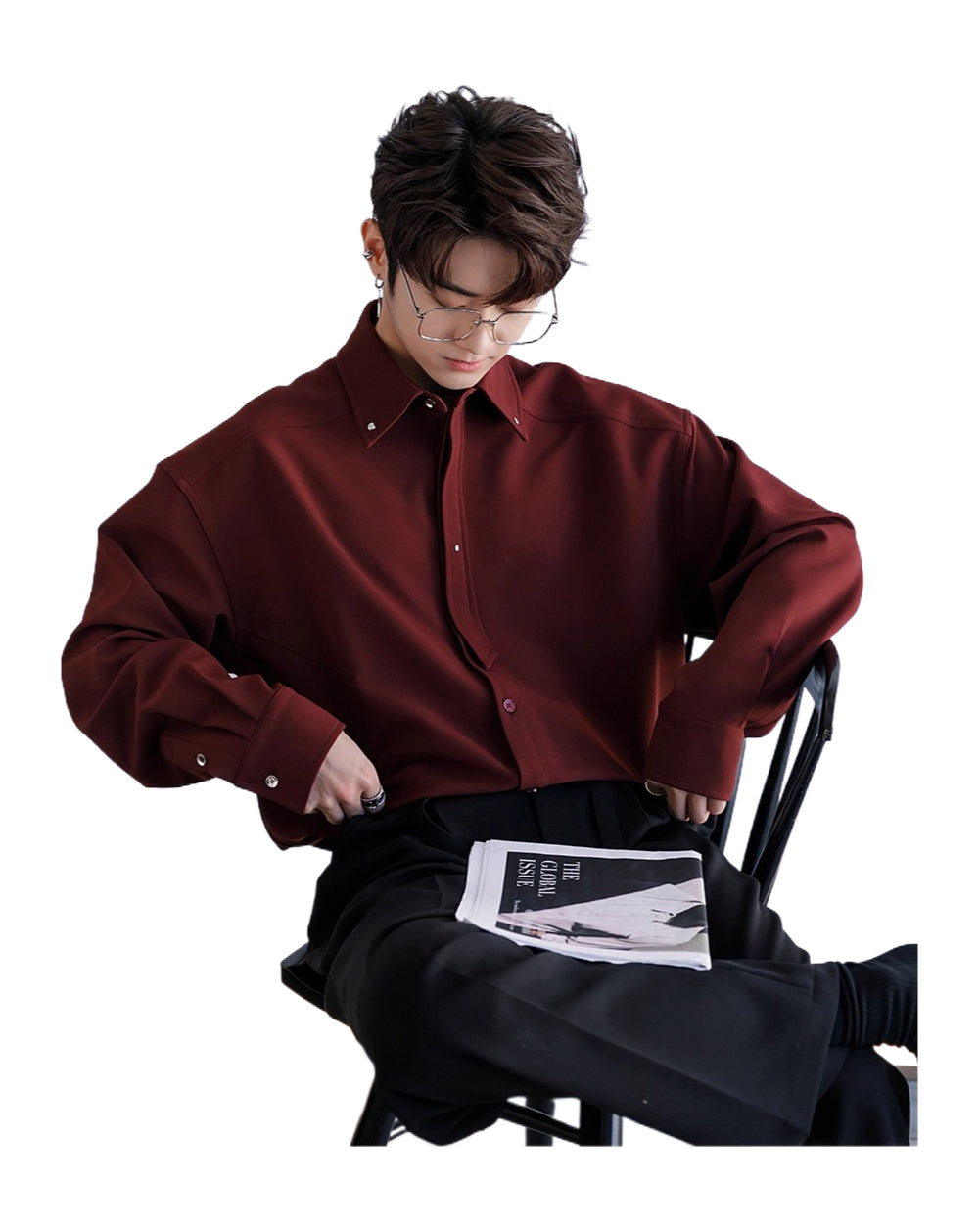 Men's Loose Casual Lapel Shirt Men's Solid Color Premium Tie Long Sleeve Shirt