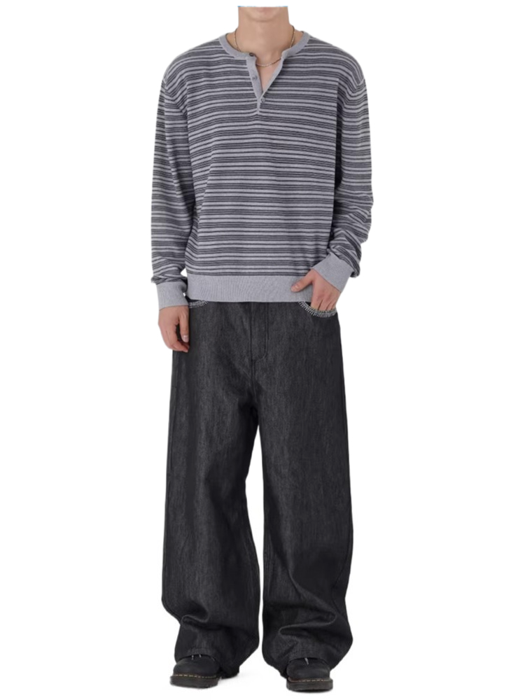 Henry collar stripes thin knitting shirt springnew arrivalloosetopskorean style old money style outfit