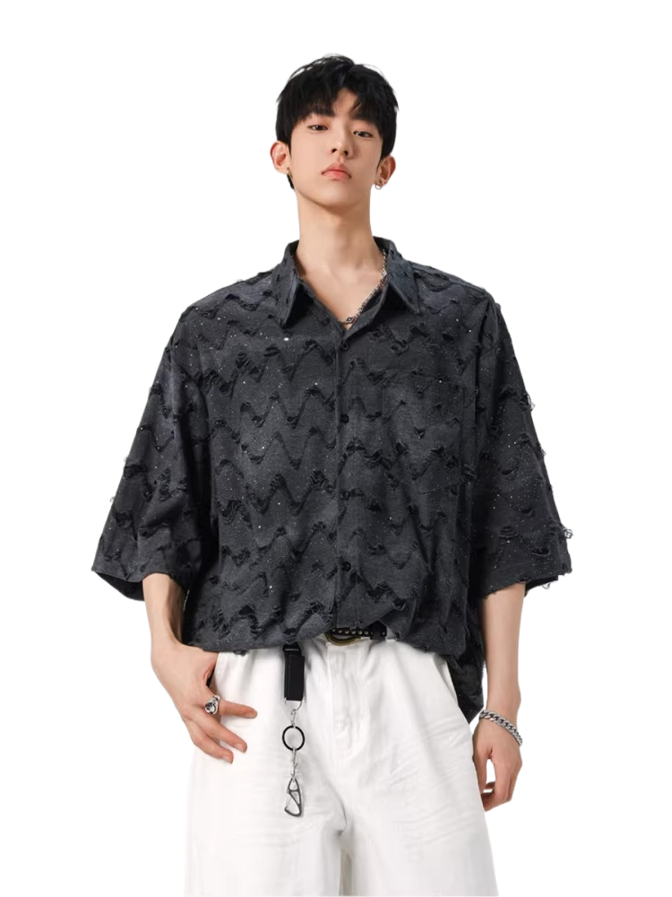 Three-dimensional tassel ripped and hollow short-sleeved shirt for men  SIN009