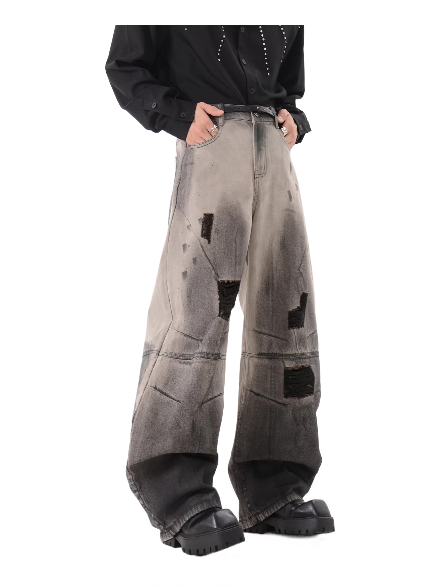 Frame stitching ripped jeans SIN0815