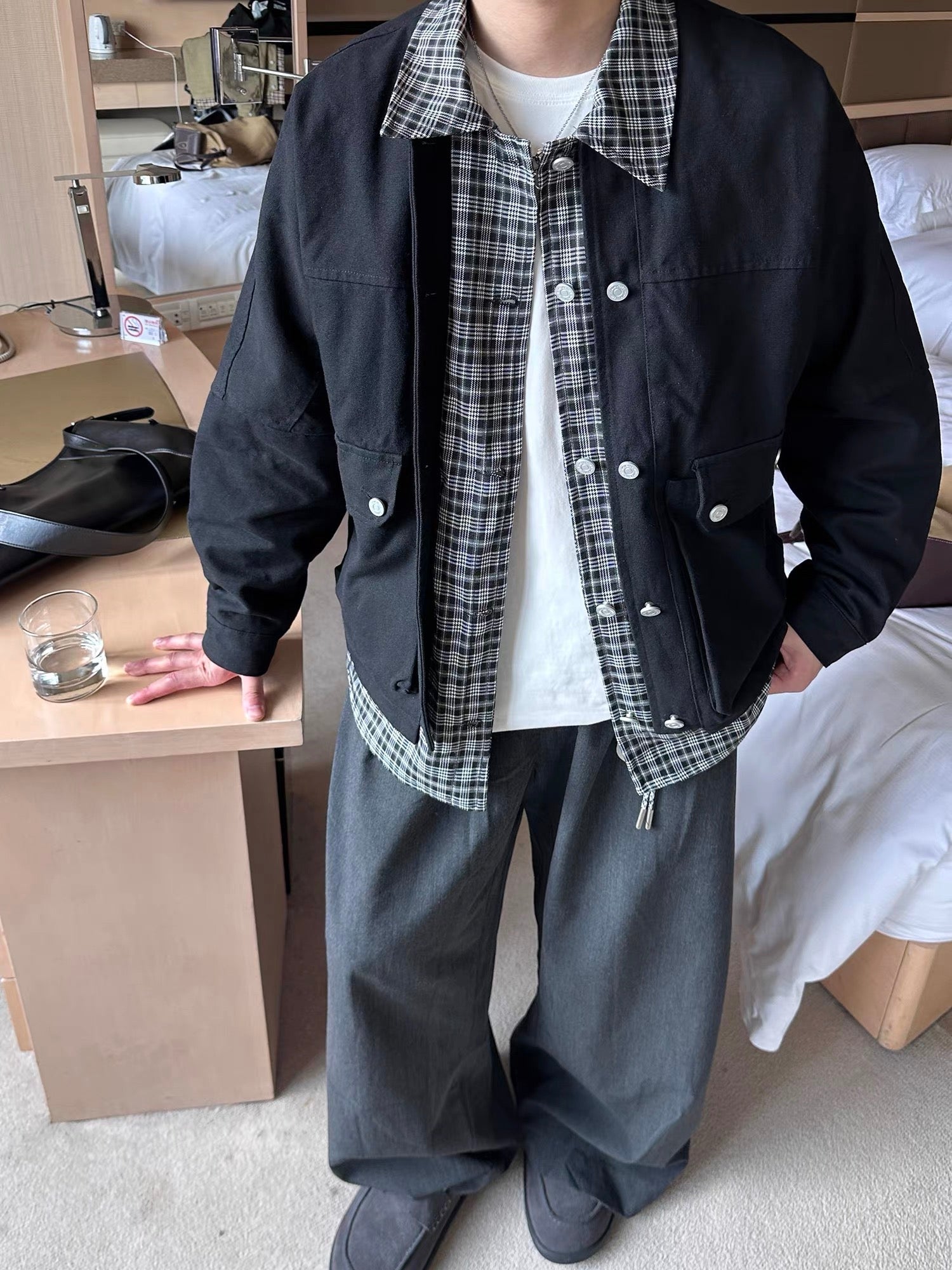 [OV] PLAID LAYERED WORK JACKET st5049