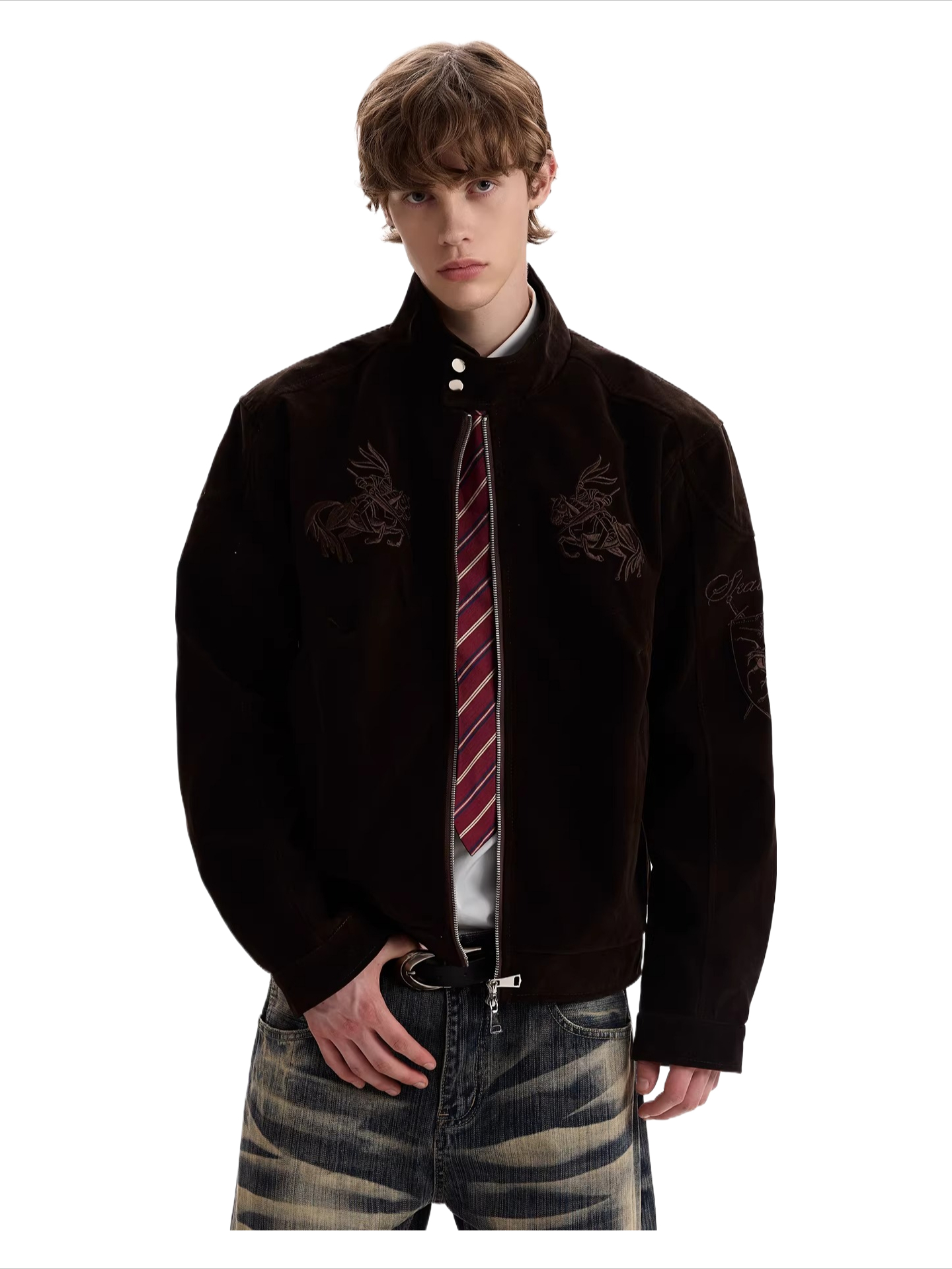 American retro silhouette suede hunting jacket boxy version short harrington workwear stand collar outwear SIN027