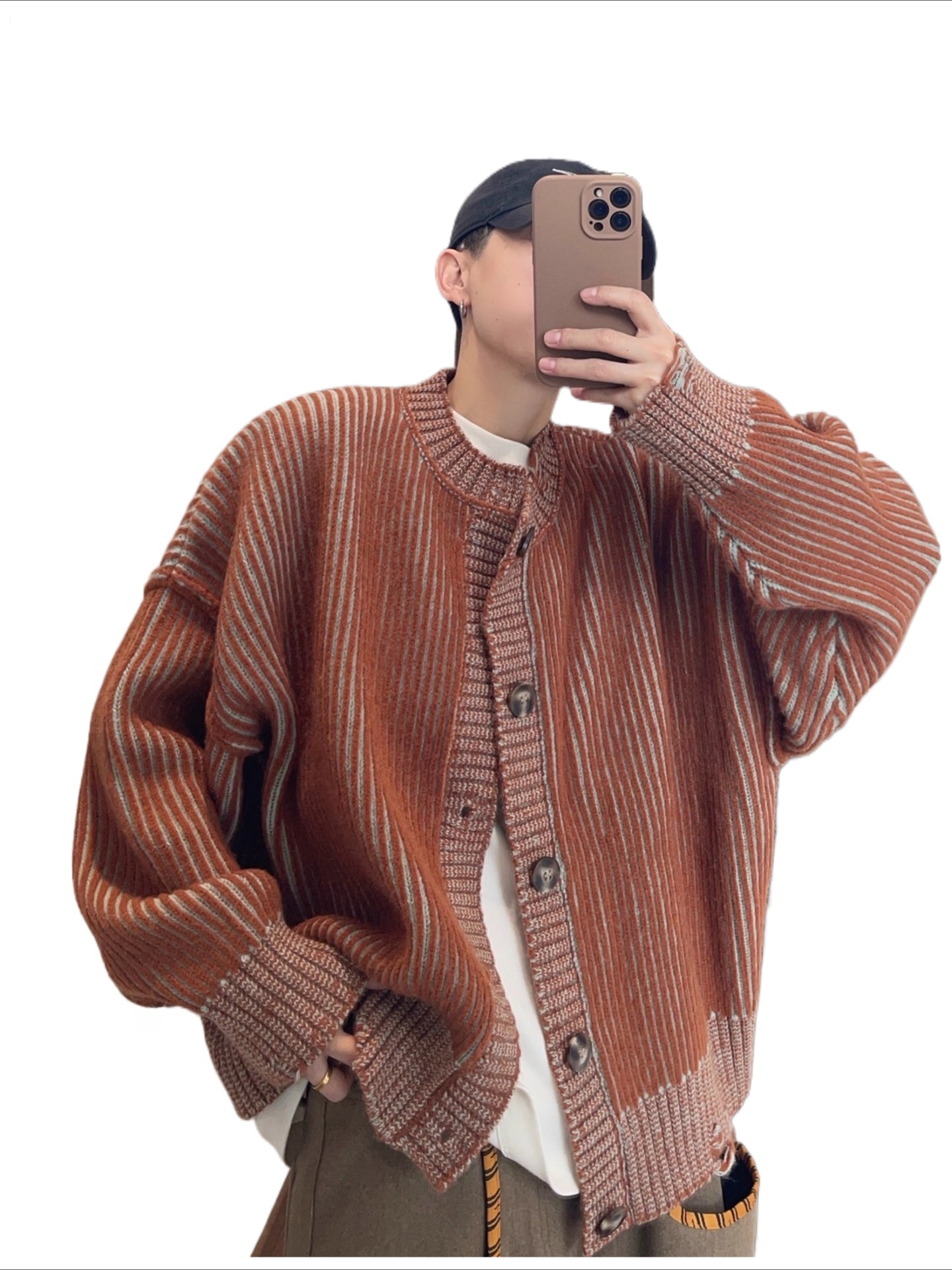 Vintage Heavy Thickened Orange Vertical Striped Sweater Jacket SIN0809