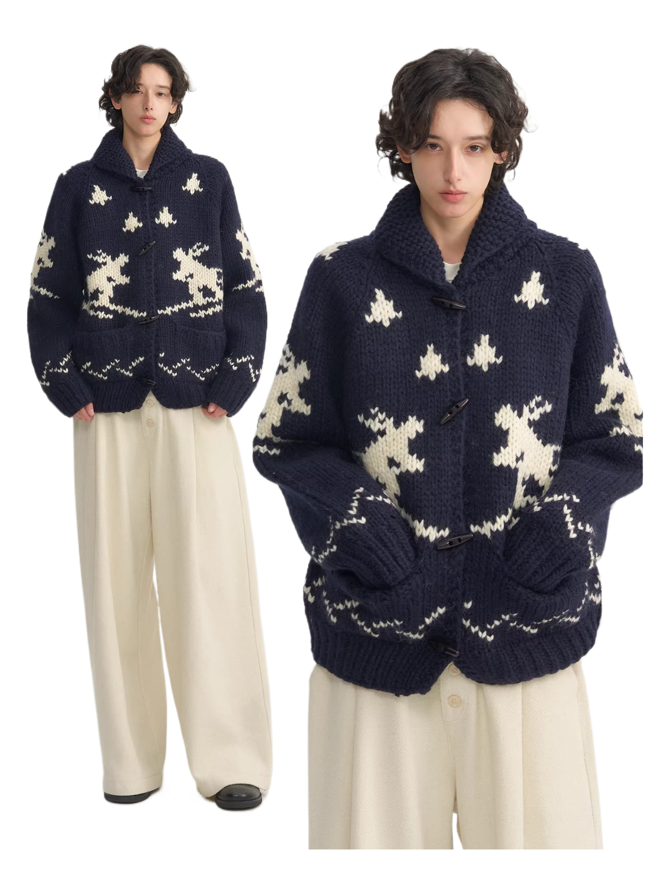 Scandinavian style fair island lazy thick needle horn button snow handle sweateroutwear  SIN0892