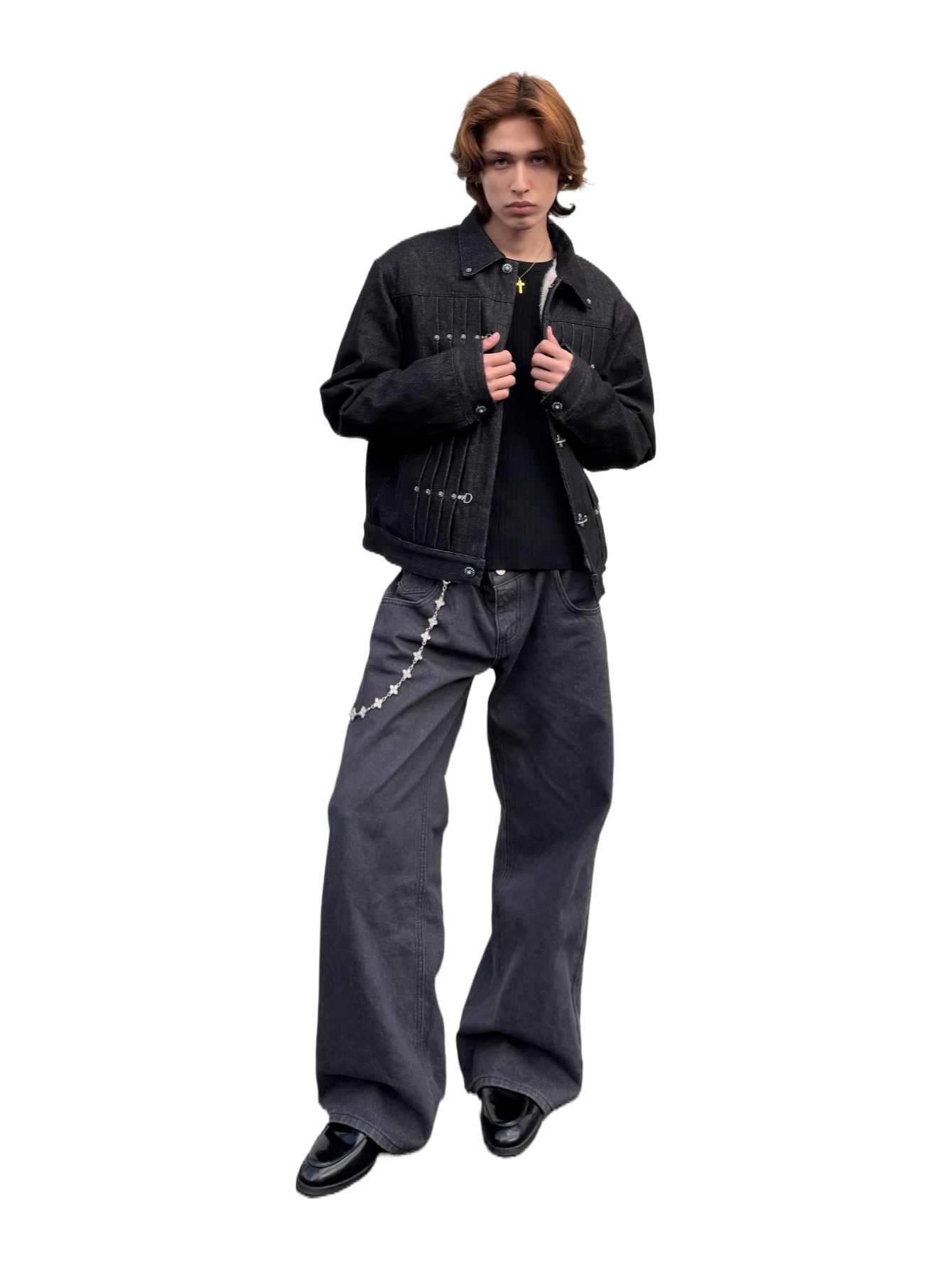 Old money style red denim airplane buckle placket lapel jacketoutwear  SIN0875