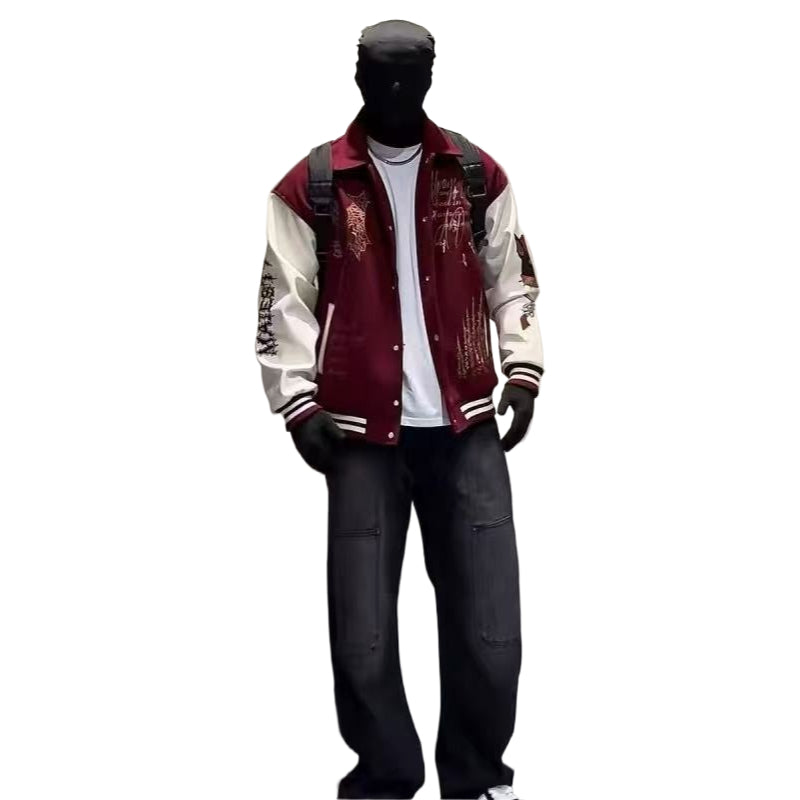 American heavy industry embroidery splicing contrasting color baseball jacket men's trendy high street couple lapel jacket