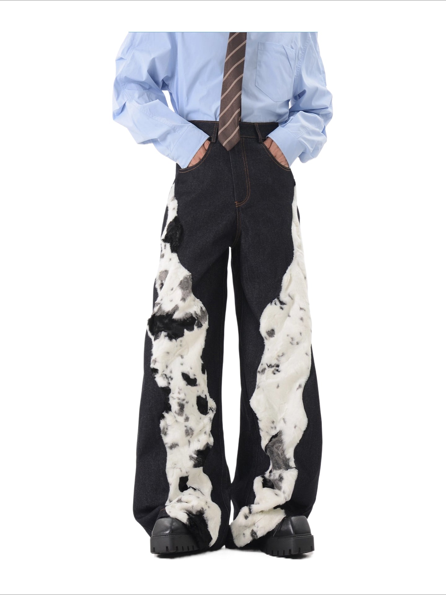 Niche deconstruction design sense splicing plush jeans SIN0802