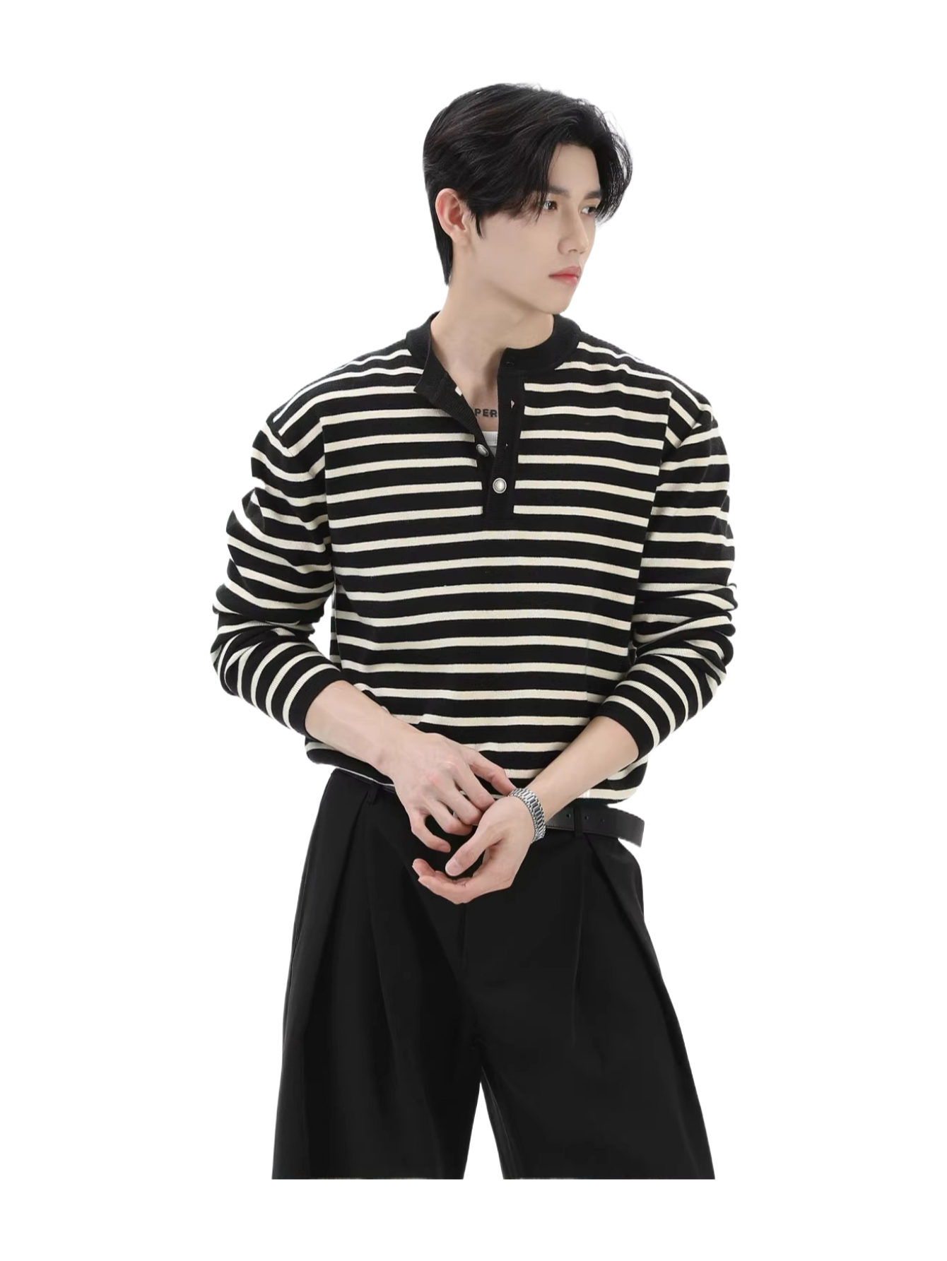 Lyocell henley neck striped sweater  SIN0895