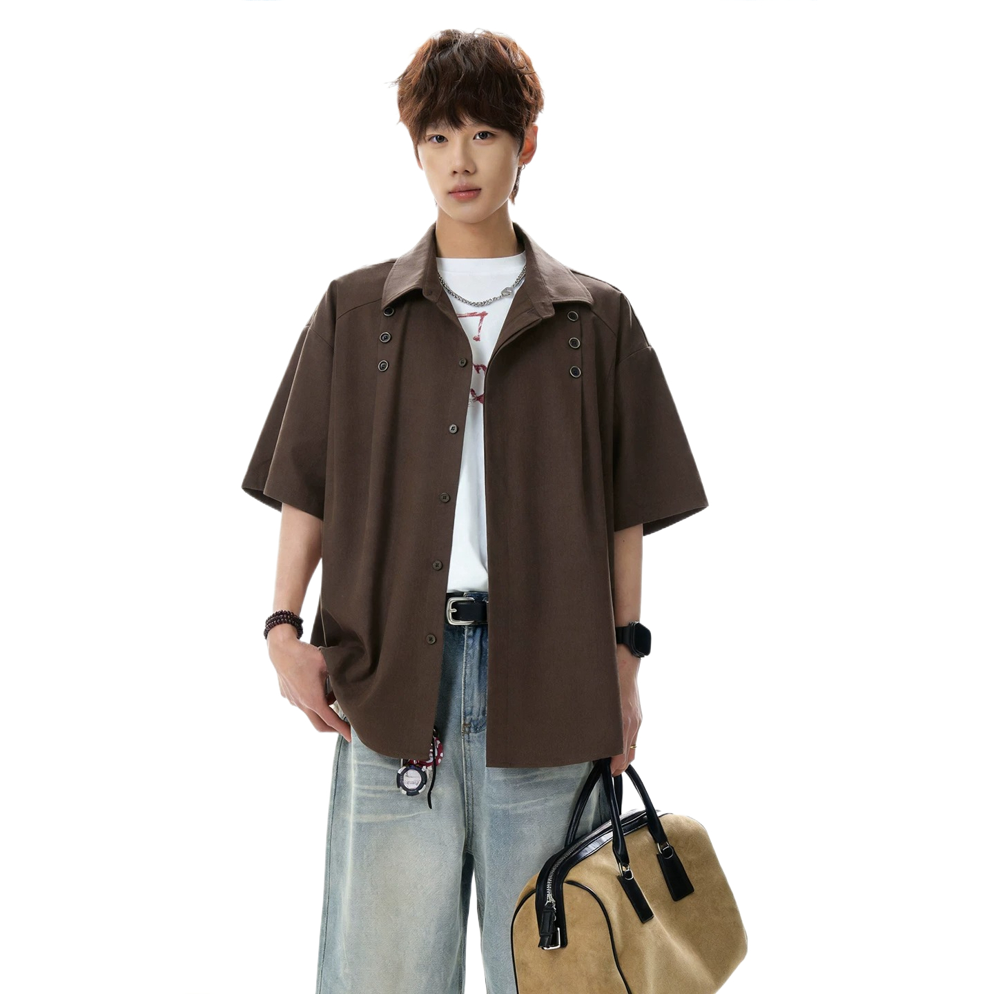 American style trendy brand workwear shirt short sleeve t-shirt men's summer new deconstructed loose top sinclub6106