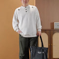 Black american embroider henry collar sweatshirt men's spring classy top heavy weight right shoulder long sleeves t-shirt