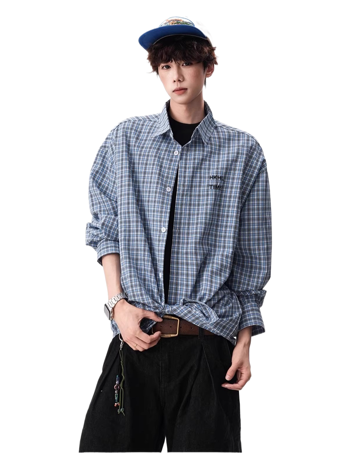 Blue plaid embroidered lapel shirt  SIN026
