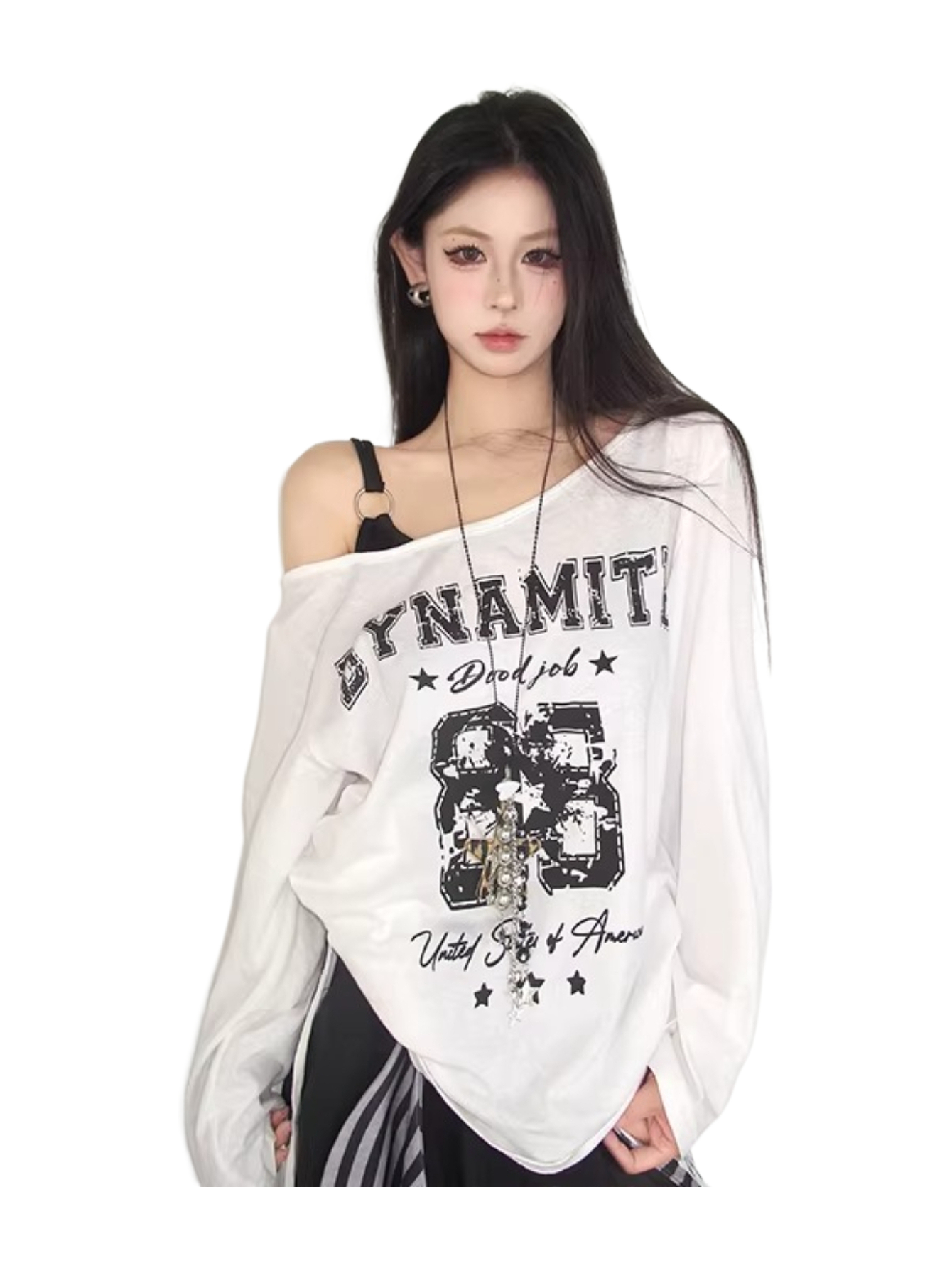 American style slouchy off-the-shoulder long sleeve t-shirt for women  XX2