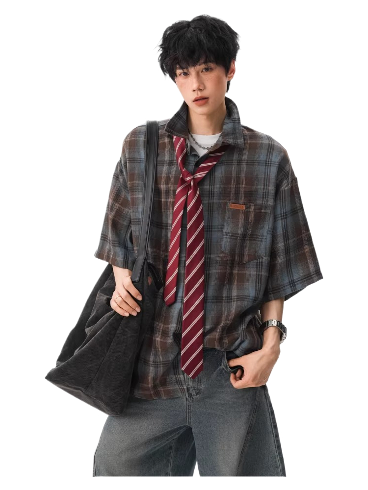 Plaid short-sleeved shirt half-sleeved top  SIN051