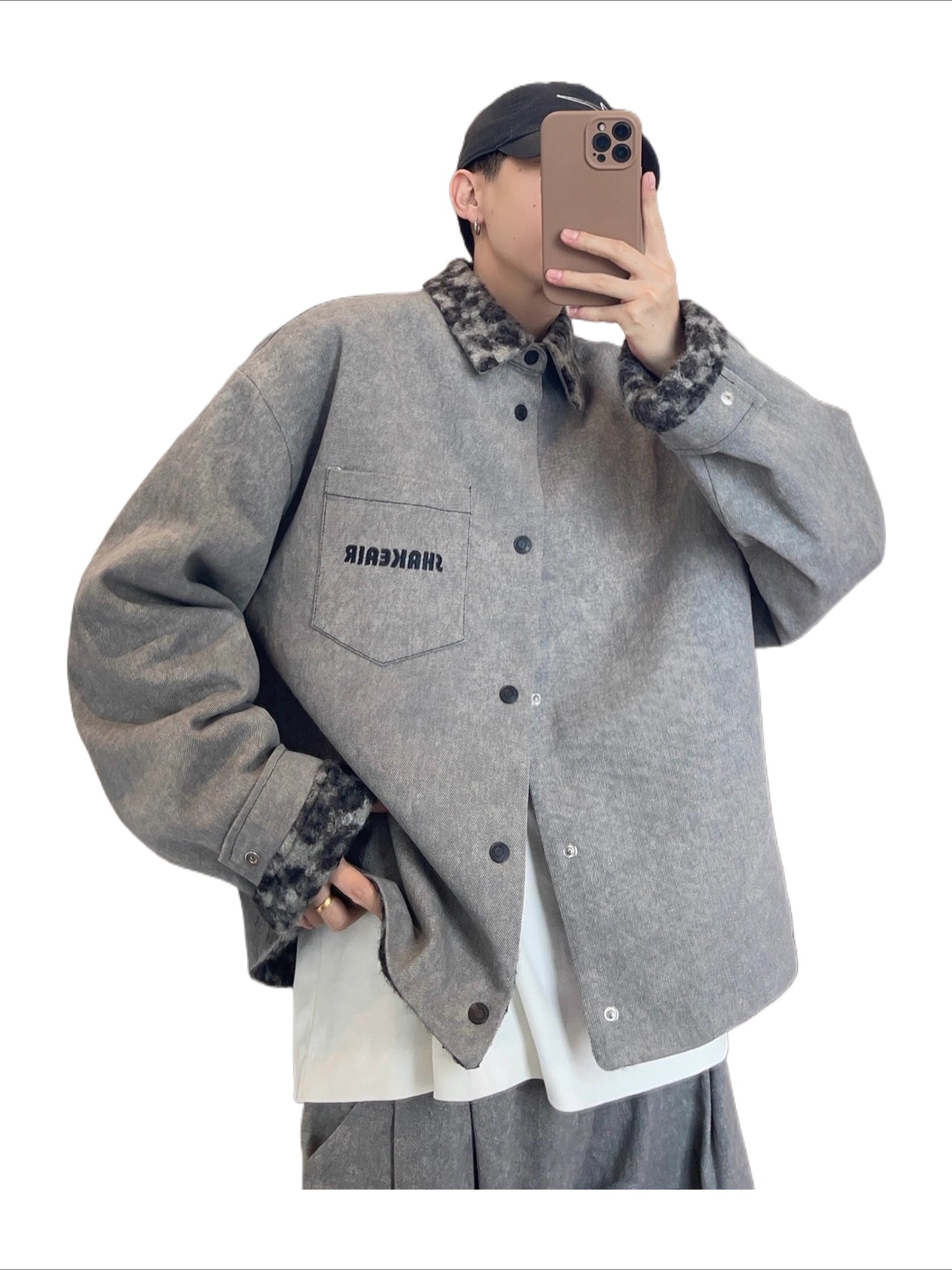 Retro gray leopard print woolen stitching jacket on both sides SIN0806