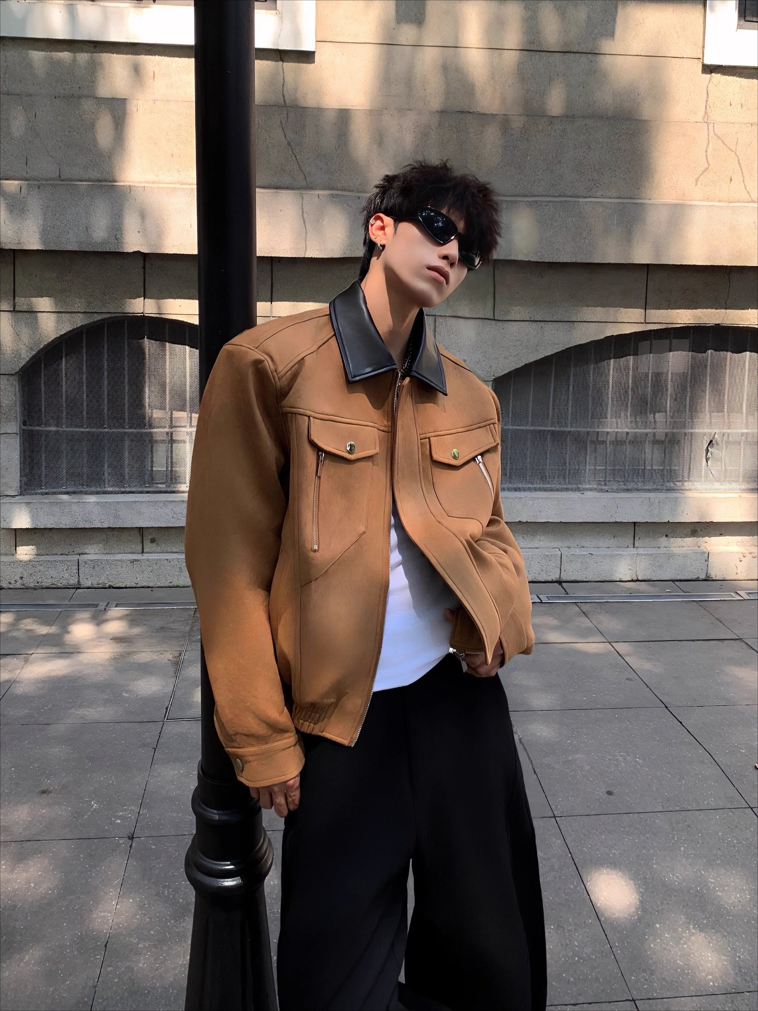 Light luxury deconstruction splicing design sense barn style shoulder padded jacket men's cleanfit suede jacket tide