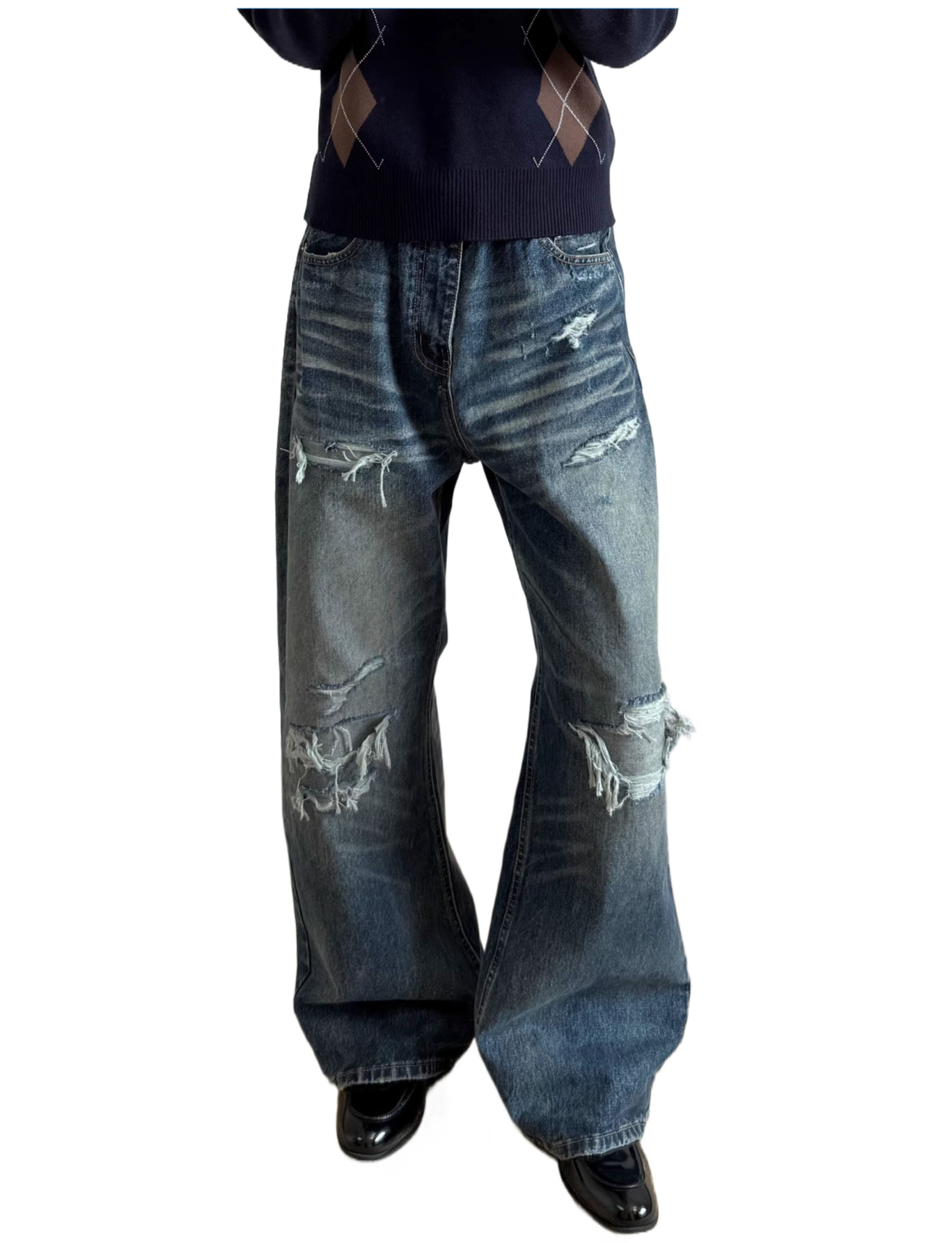 Heavy weight washed distressed retrovintagejeans pants  SIN0880