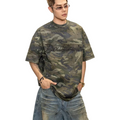 Streetwear distressed camo heavyweight beaded cotton short sleeve t-shirt - summer casual oversized top