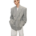Reimagining a classic: premium grayish-white houndstooth shoulder-padded blazer - relaxed fit, structured silhouette