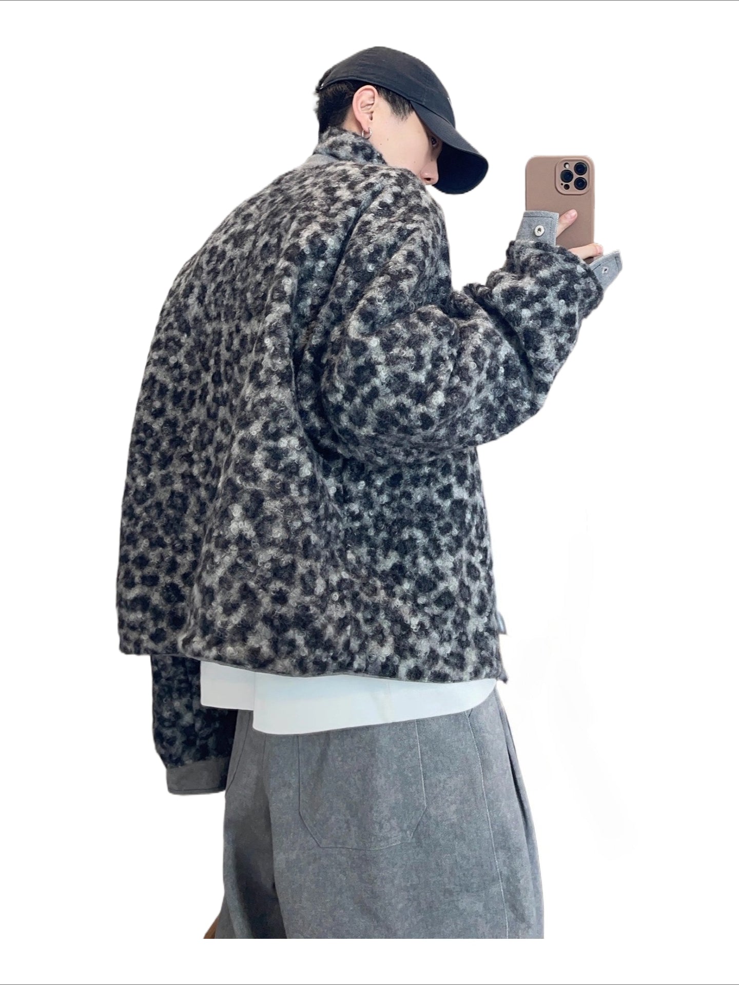 Retro gray leopard print woolen stitching jacket on both sides SIN0806