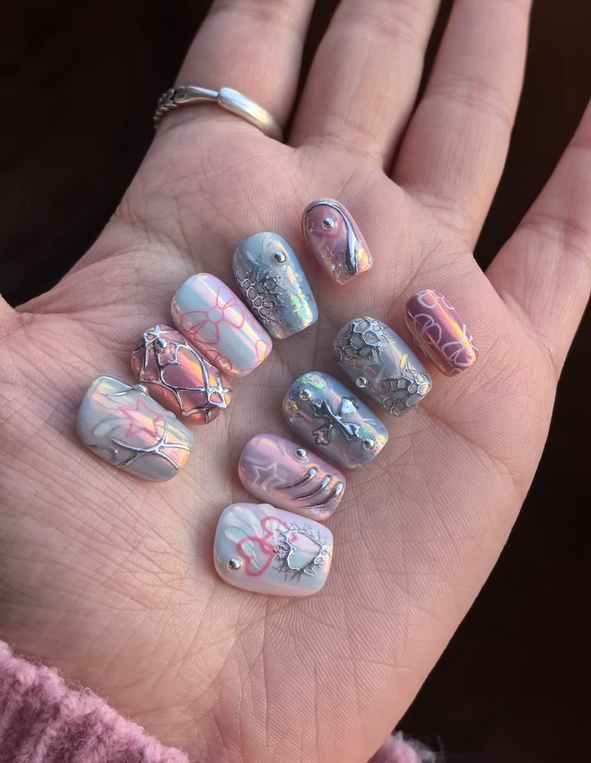 Y2K Cyberpunk Silver 3D Chrome & Iridescent Handmade Press-On Nails