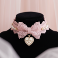 Lace Heart Knot Pink Lace Bow Pearl Necklace