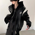 BLACK COTTON THICKENED LEATHER JACKET sinclub8881