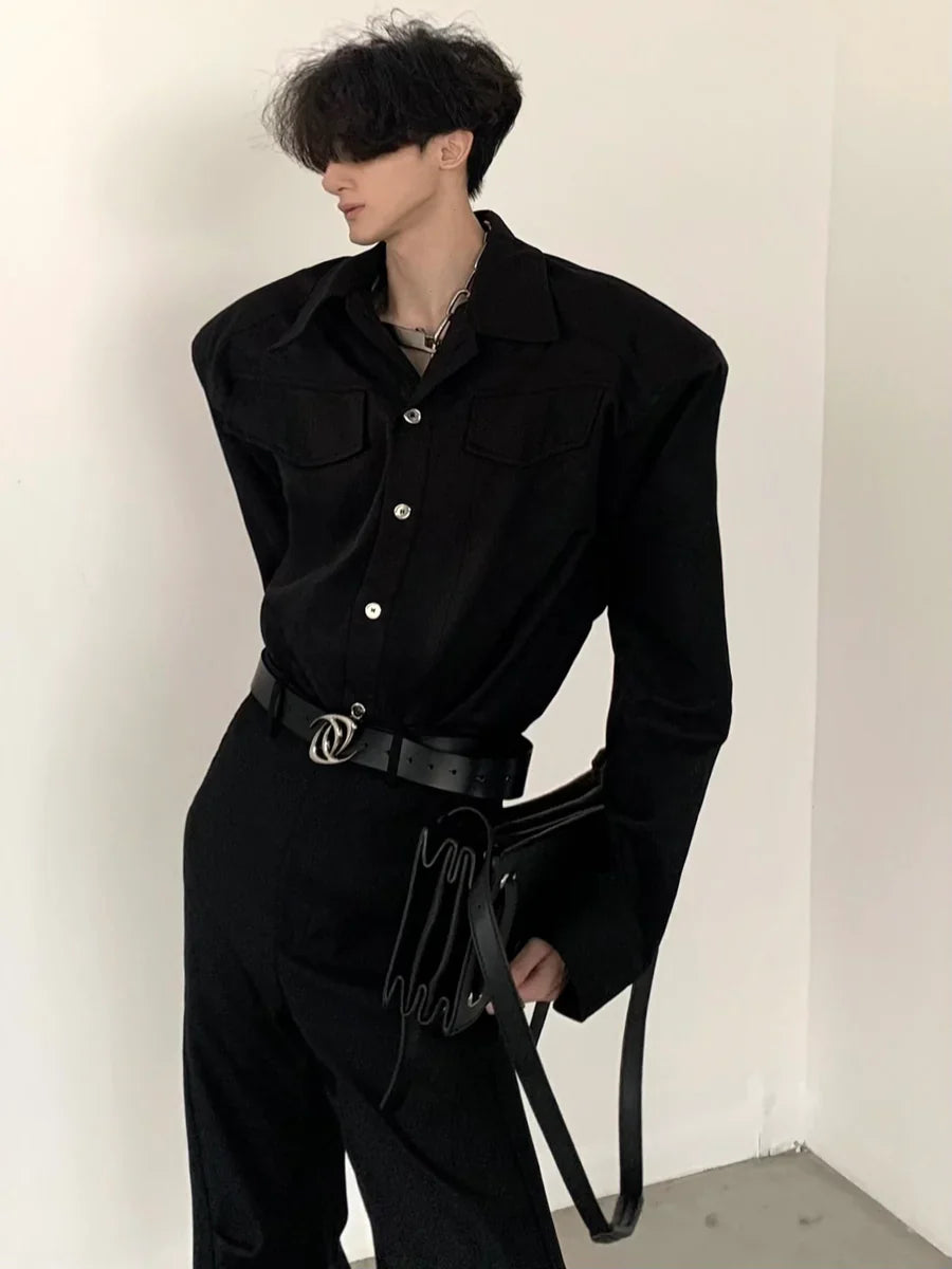 BLACK SHOULDER PADS METAL PUNK SHIRT sinclub6885