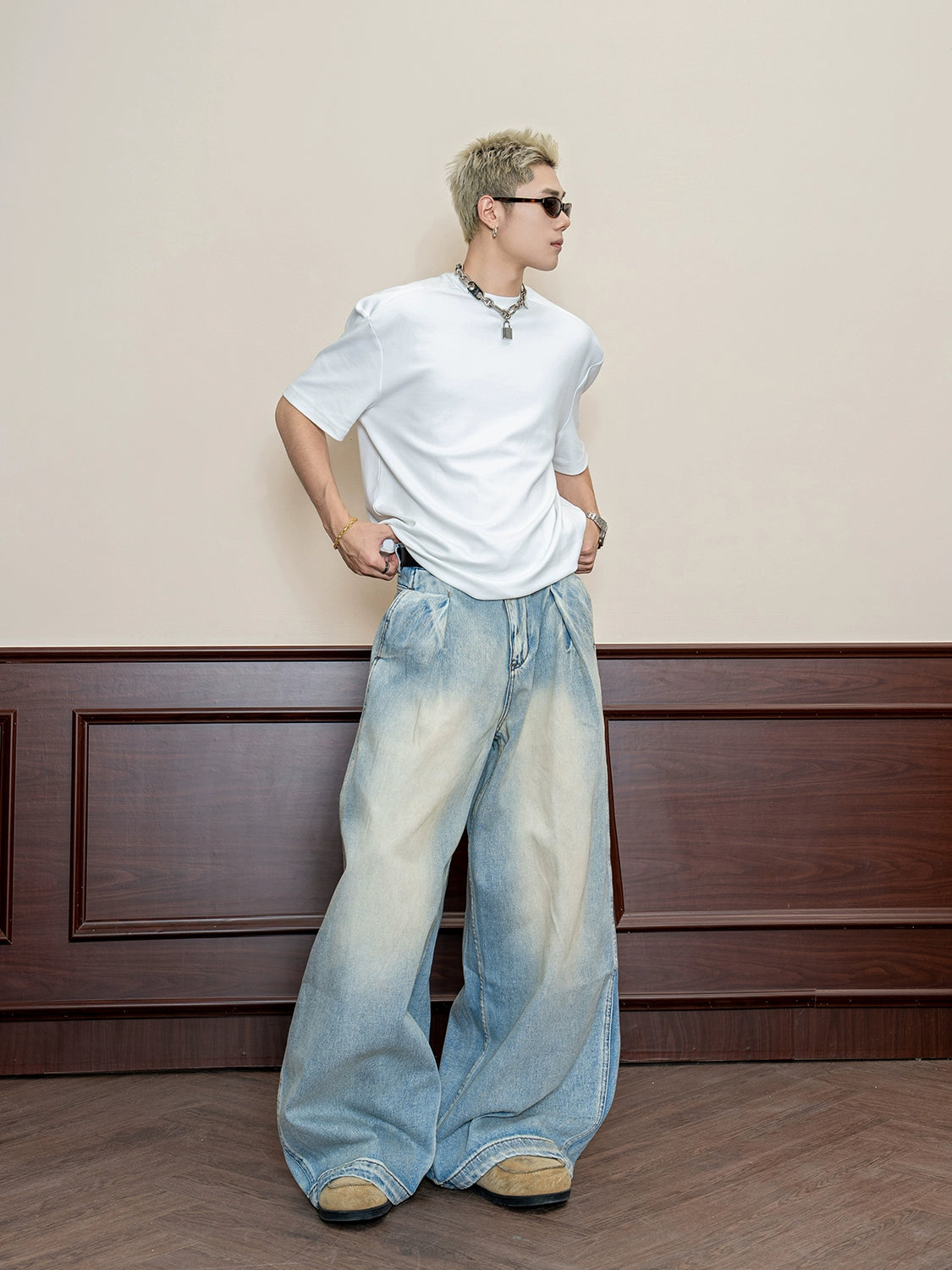 Retro street washed old pleated jeans men's spring and autumn versatile cotton wide-leg pants