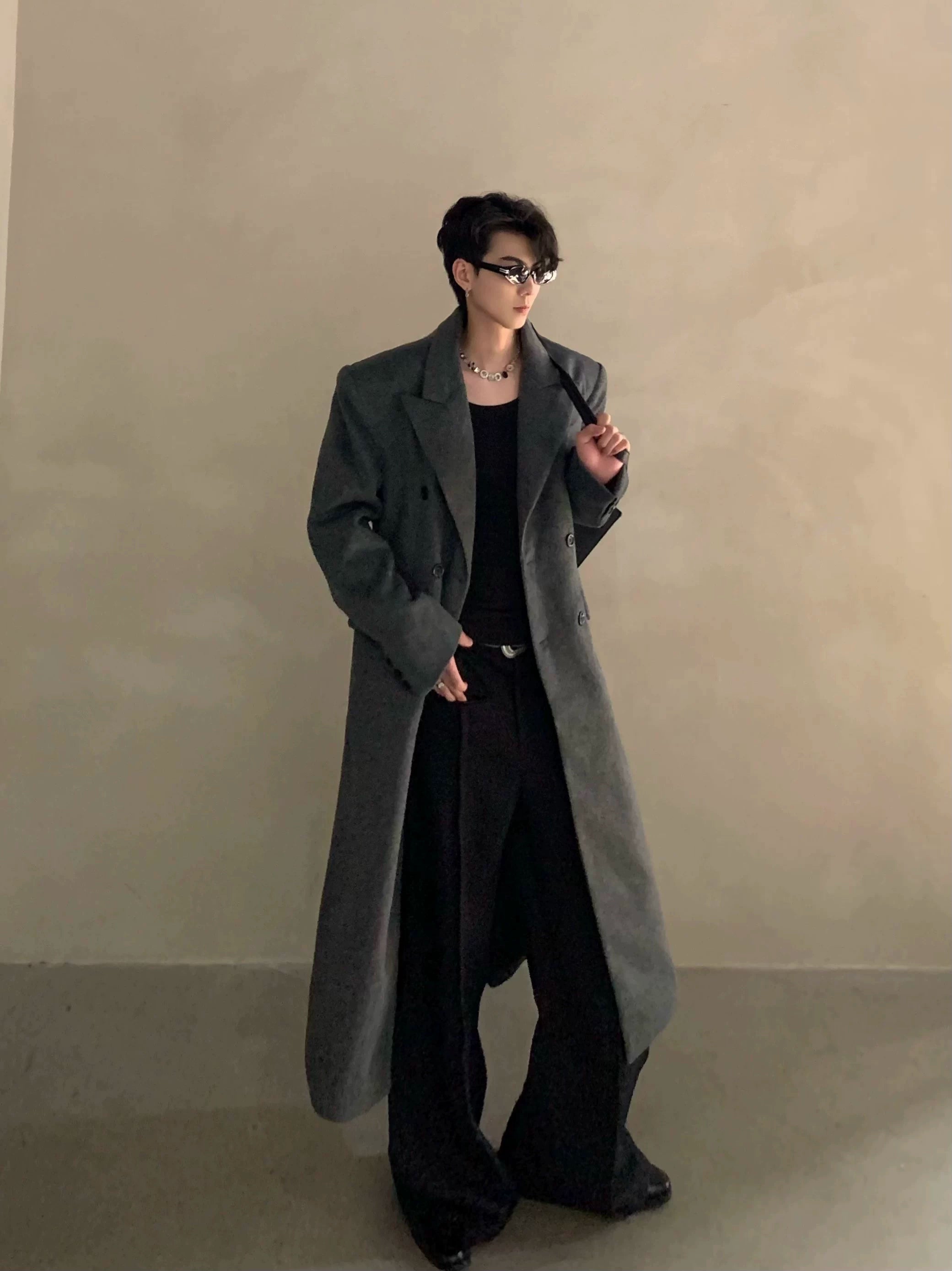 Winter niche shoulder padded silhouette woolen coat men's long double-breasted premium trench coat