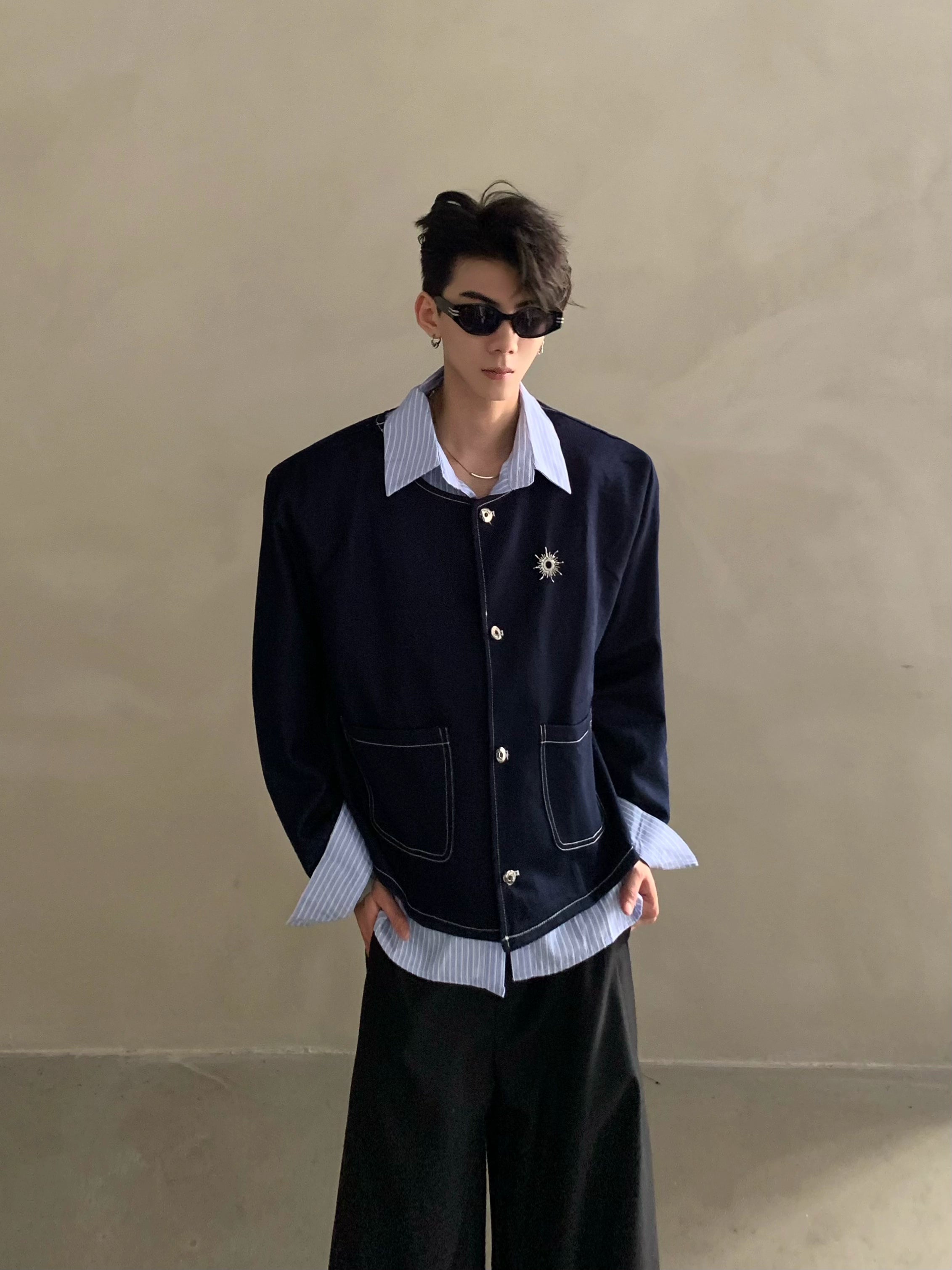 Autumn light luxury high-end fake two-piece splicing design shirt male ruffian handsome shoulder padded jacket jacket