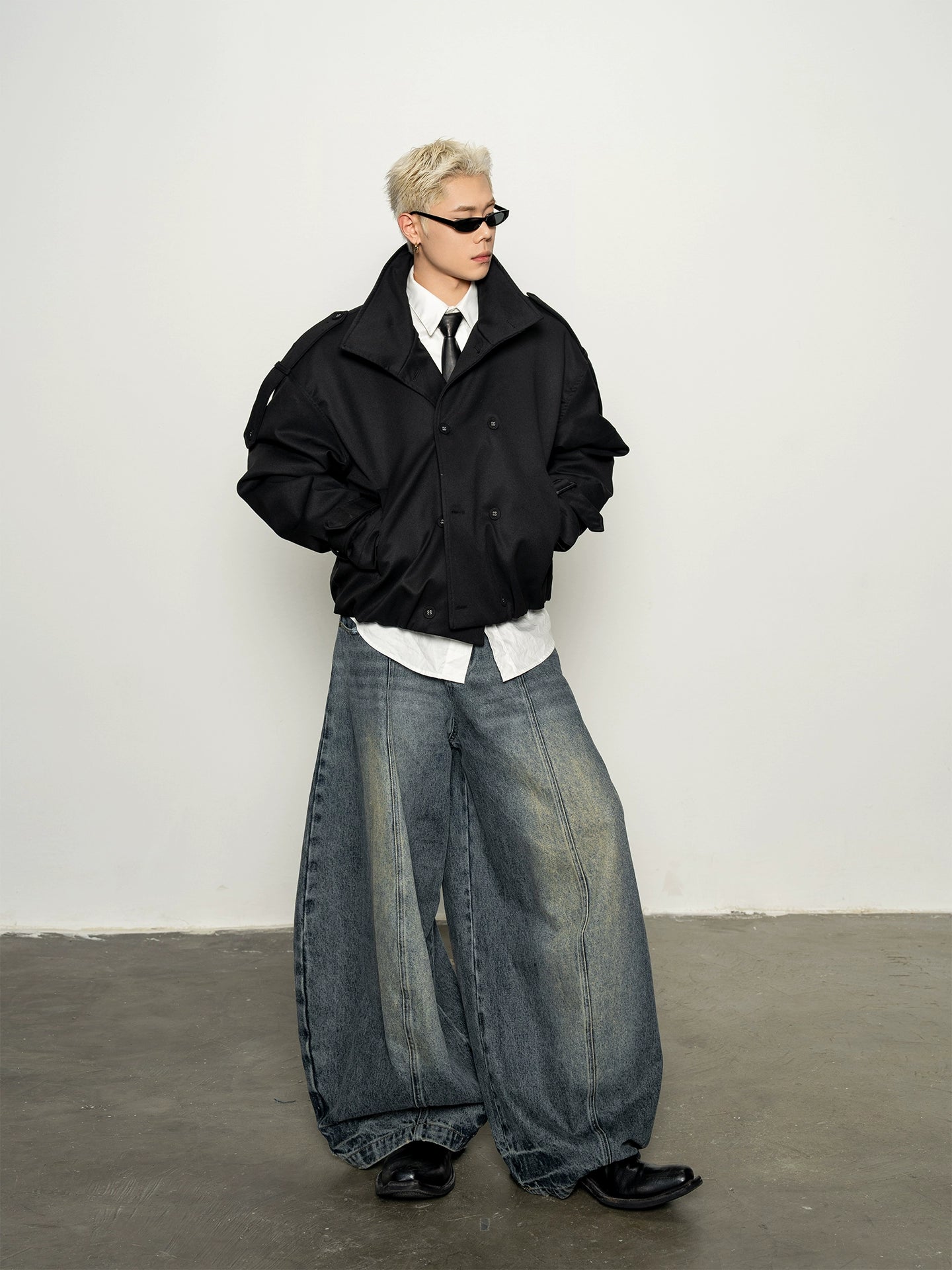 Pragmatism, American stand-up neck padded trench coat, wide shoulder, autumn and winter short jacket