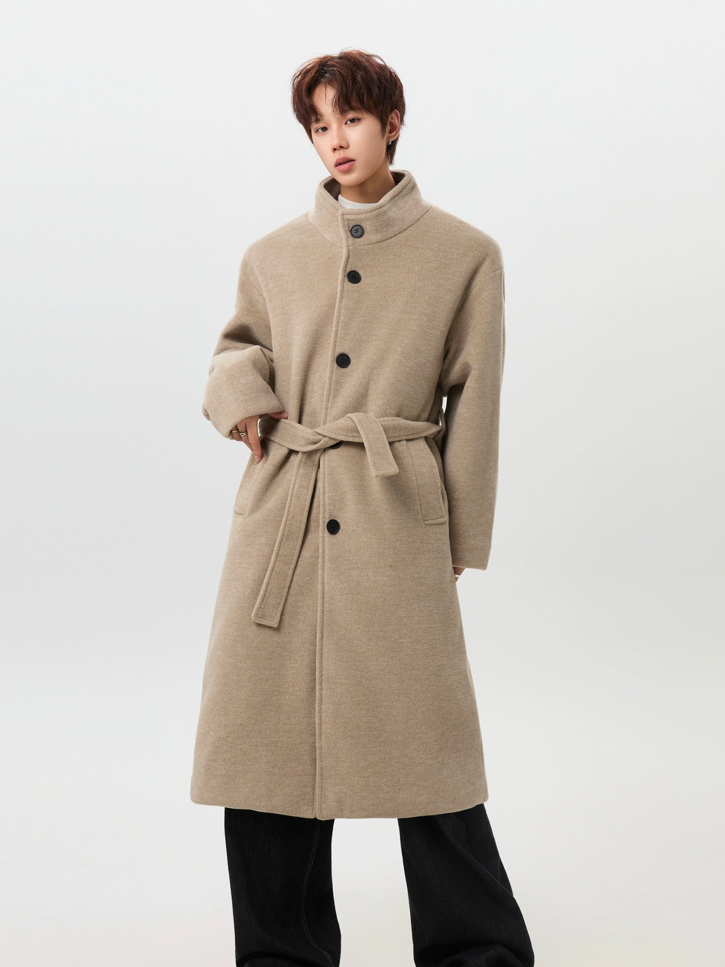 Retro medium and long heavy stand-up collar woolen coat for men and women, autumn and winter high-end couple's knee coat