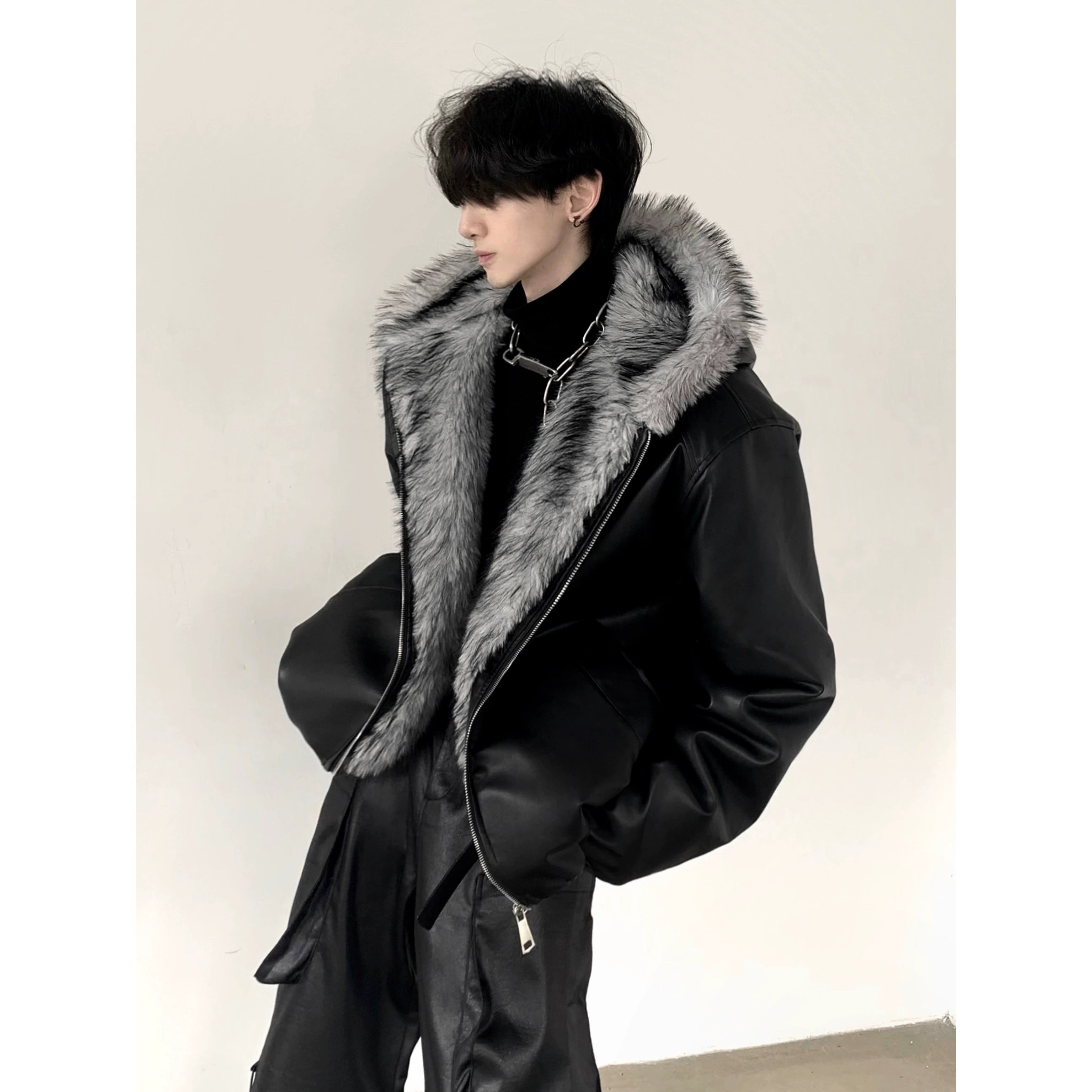 Wolf King Mountain Eagle Hooded Big Fur Collar Thick Jacket Men's Winter Fleece Premium Visual Leather Jacket