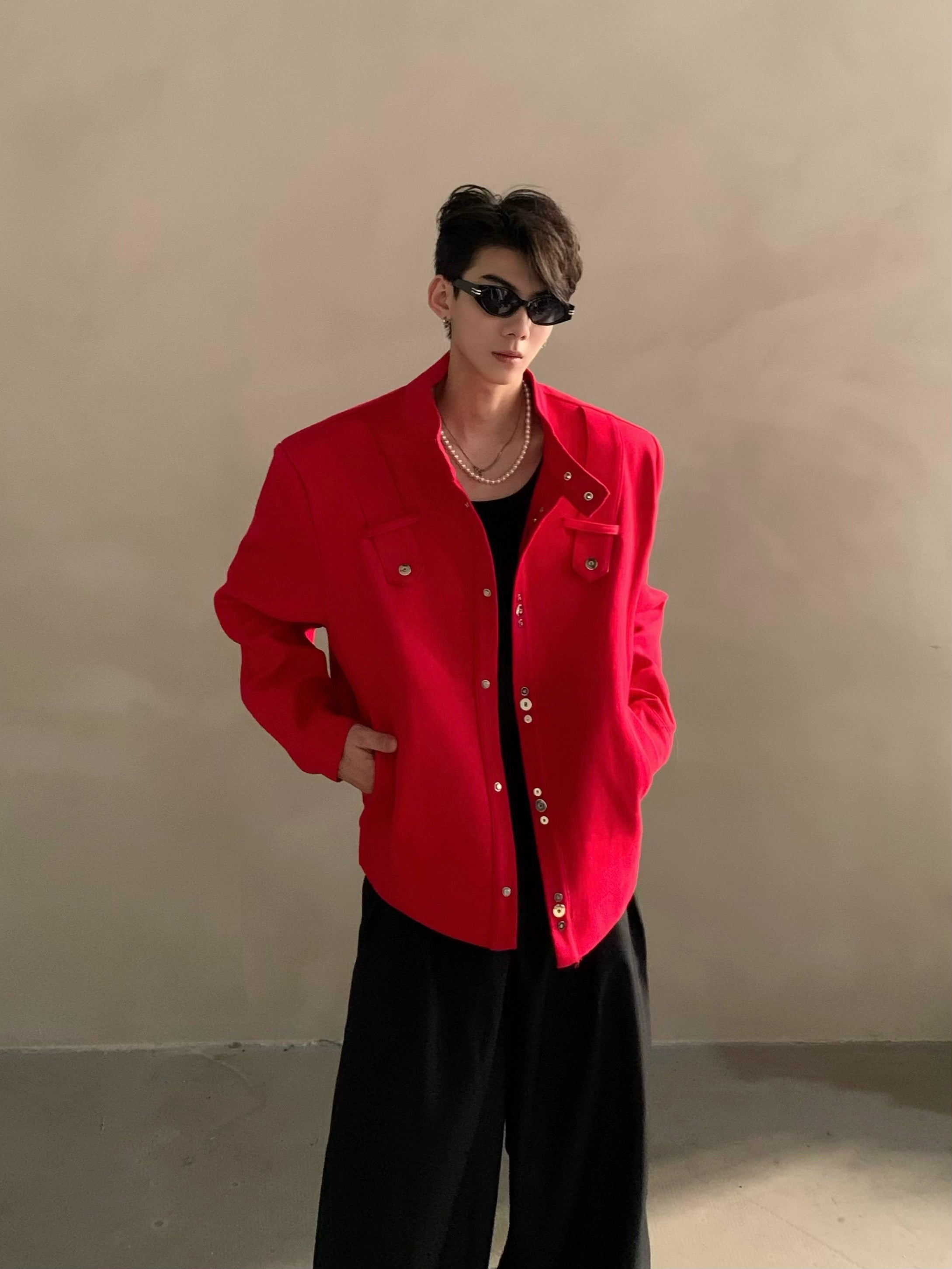 Niche high-end Barn style red shoulder padded jacket jacket men's ruffian handsome loose short top