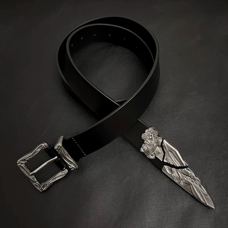 Imported cowhide broken sword cleanfit belt - men's designer niche leather belt