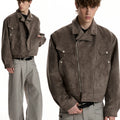 Retro old money feng deconstructed design suede jacket - boxy fit, cropped length, versatile commuter outerwear